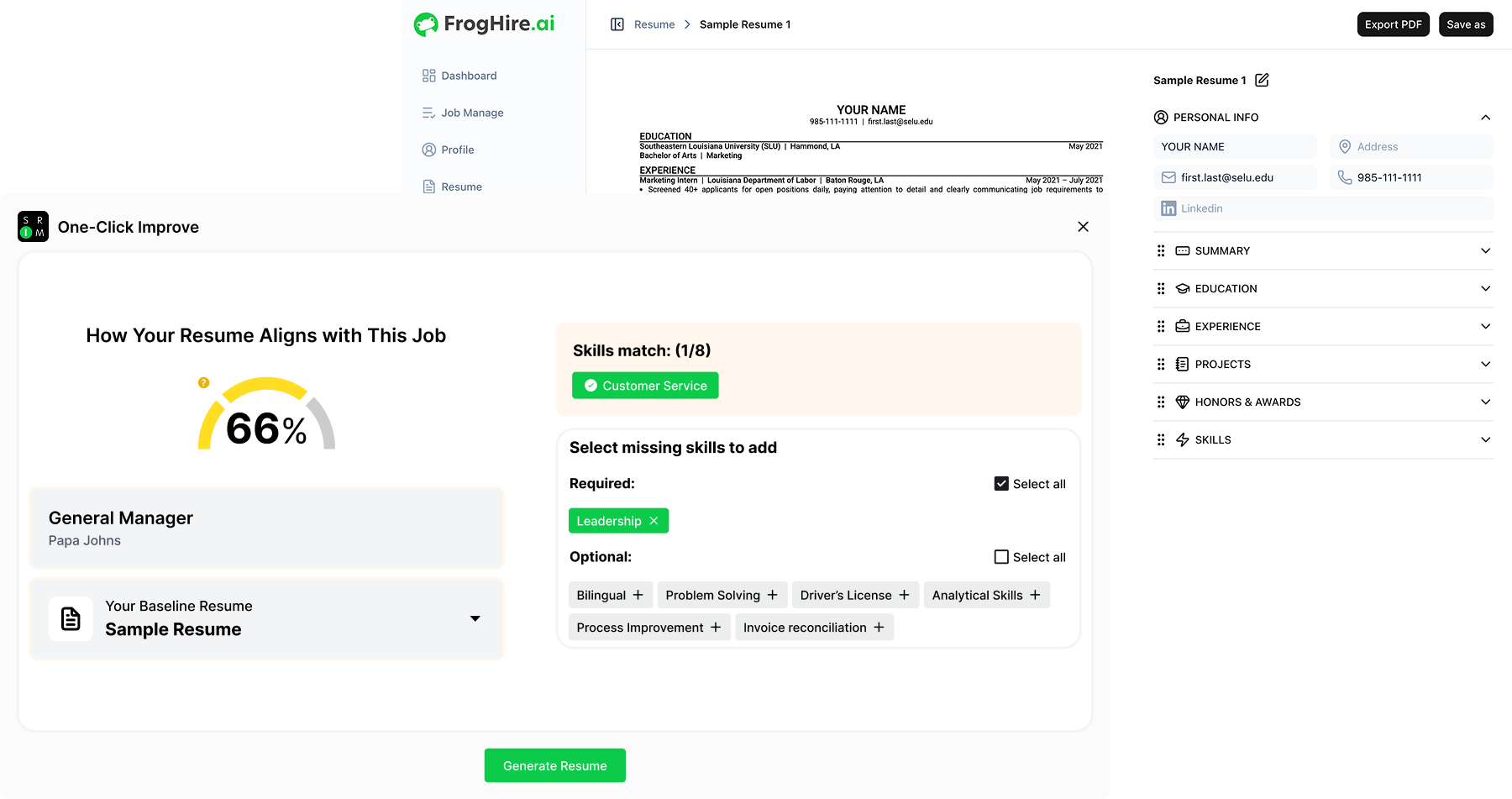 FrogHire AI resume builder generating ATS-optimized resumes