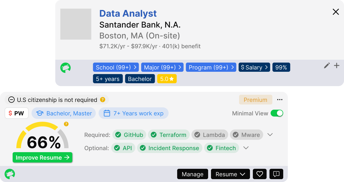 FrogHire job search interface with filters for visa sponsorship and job boards