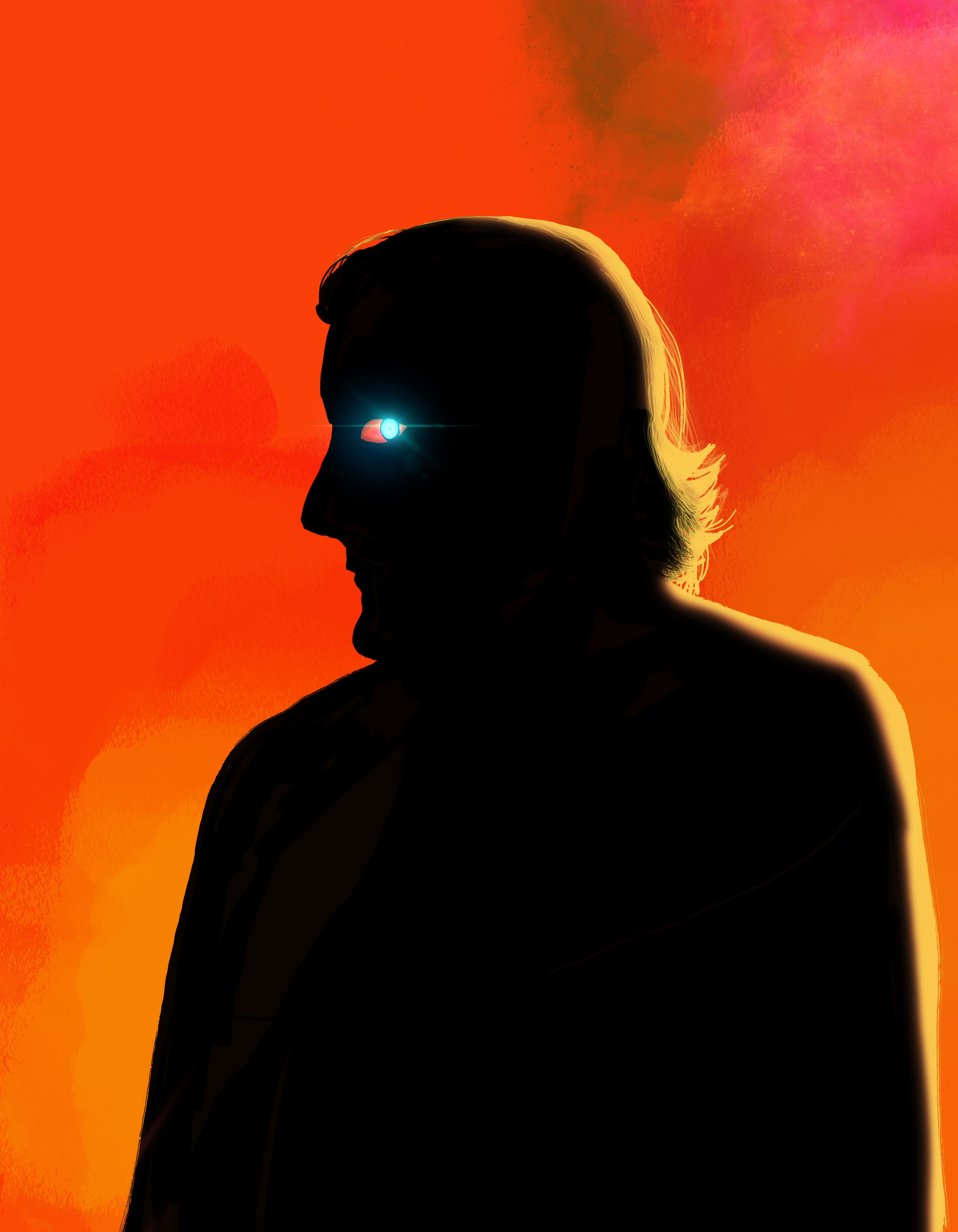 A side profile in black silhouette on a severe red and yellow background. The man is side eyeing the camera with bright blue eyes.  