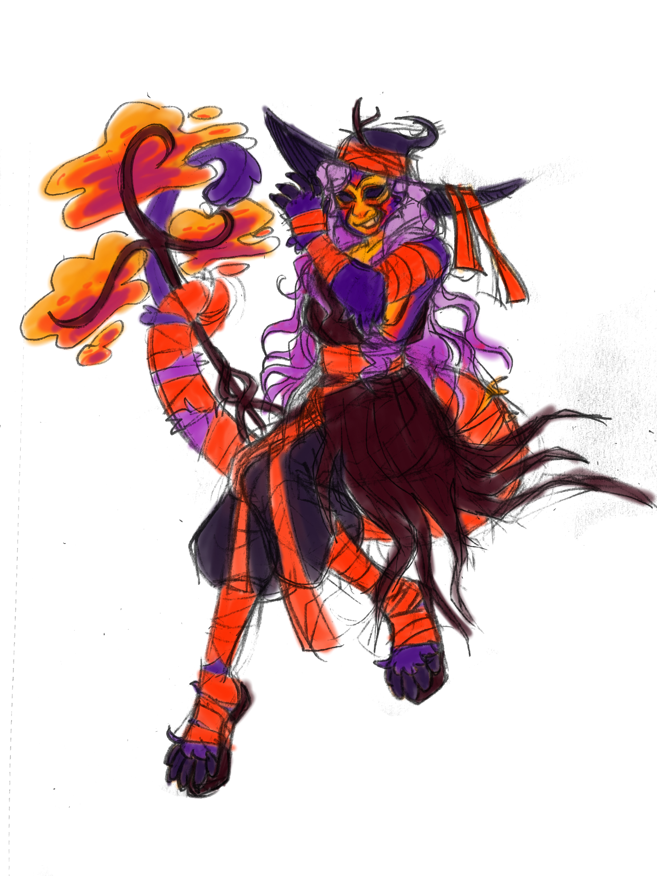 An anthro spider monkey. He only has one arm, has long crinkly hair, and almond shaped eyes. His fur is purple, the skin of his hands and feet are black, and the skin of his face is yellow and orange. His hair gradients from dusty violet to a rosy purple, his chest is the same yellow as his face, and bits of pink can also be seen radiating from the yellow parts of his fur.
He is dressed in a black witch's hat; wrapped with orange ribbon around the center which dangles from it's brim. The ribbon ties a twig to the hat; the same shade of reddish brown as his autumn tree like staff. His ragged, brown cloak reaches around only one shoulder, leaving the other side of his chest exposed. The cloak is tied in the center with the same orange ribbon as the hat, again with two strands hanging off.
Under the cloak, he wears a pair of wide black pands which are wraped by orange ribbon from the knee until the center of his feet. His tail is also wrapped with orange ribbon until it's tip, and his arm is wrapped excuding his elbow.
On his feet, orange ribbon ties black shoe soles to his feet in the fashion of a sandle.
The monkey is sitting down, chest pumped forward, with a yellow-leaved, tree-like staff wrapped by his tail. His arm is raised below his chin, and he has a mischevious smile on his face.
The drawing is digital and flatly coloured under a scanned sketch. It is unfinished.