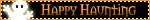 'Happy Haunting' next to a glowing white ghost