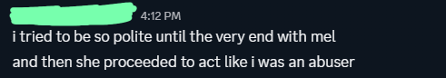 a statement from n pinpointing that a common behavior of melody's is to make any person she has dated or was friends with seem like an abuser, painting false narratives to make the people she's friends with currently believe that everyone she knew was a horrible person