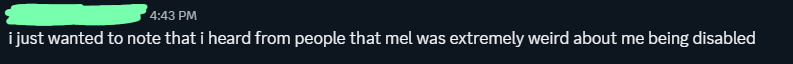 statement from n yet again stating how friends would tell them that melody was really weird about their disabilities, making fun of them for being tired all of the time, and calling them lazy for dropping out because they're disabled