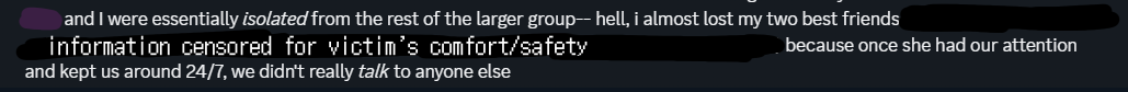 a statement from victim stating that melody would guilt and have them around 24/7, completely isolating them from other people and even family members, as stated from victim
