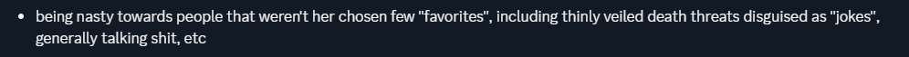 a statement from victim stating that melody would generally shit talk, be nasty to people who weren't her "favorites", and even going as far as to send thinly veiled death threats in the form of "kys jokes"