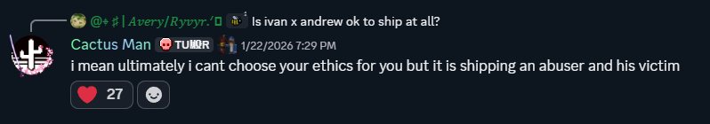 the developer stating that ultimately, he can't change shipper's ethics, but he wants them to understand that the ship is about an abuser and his victim the developer stating that ultimately, he can't change shipper's ethics, but he wants them to understand that the ship is about an abuser and his victim