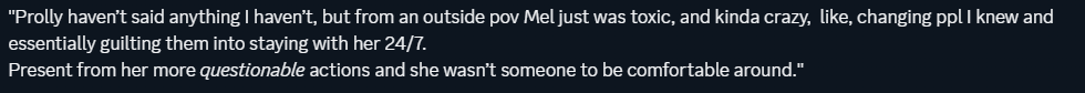 a statement from some outside individuals who were not associated with melody personally, but were in her circle of friends, stating that melody was toxic, changing people that they've known for a long time, and guilt tripping them to stay with her constantly