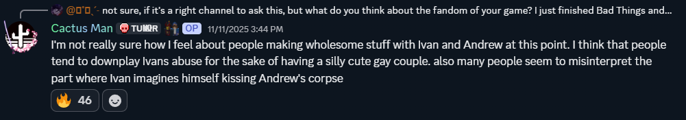 the developer stating that he's not quite comfortable with people making wholesome ship art of ivan x andrew due to a lot of people downplaying ivan's abuse and misinterpreting scenes. this caused the developer to update the game to include more visible signs of ivan's abuse, to potentially stop these shippers the developer stating that he's not quite comfortable with people making wholesome ship art of ivan x andrew due to a lot of people downplaying ivan's abuse and misinterpreting scenes. this caused the developer to update the game to include more visible signs of ivan's abuse, to potentially stop these shippers