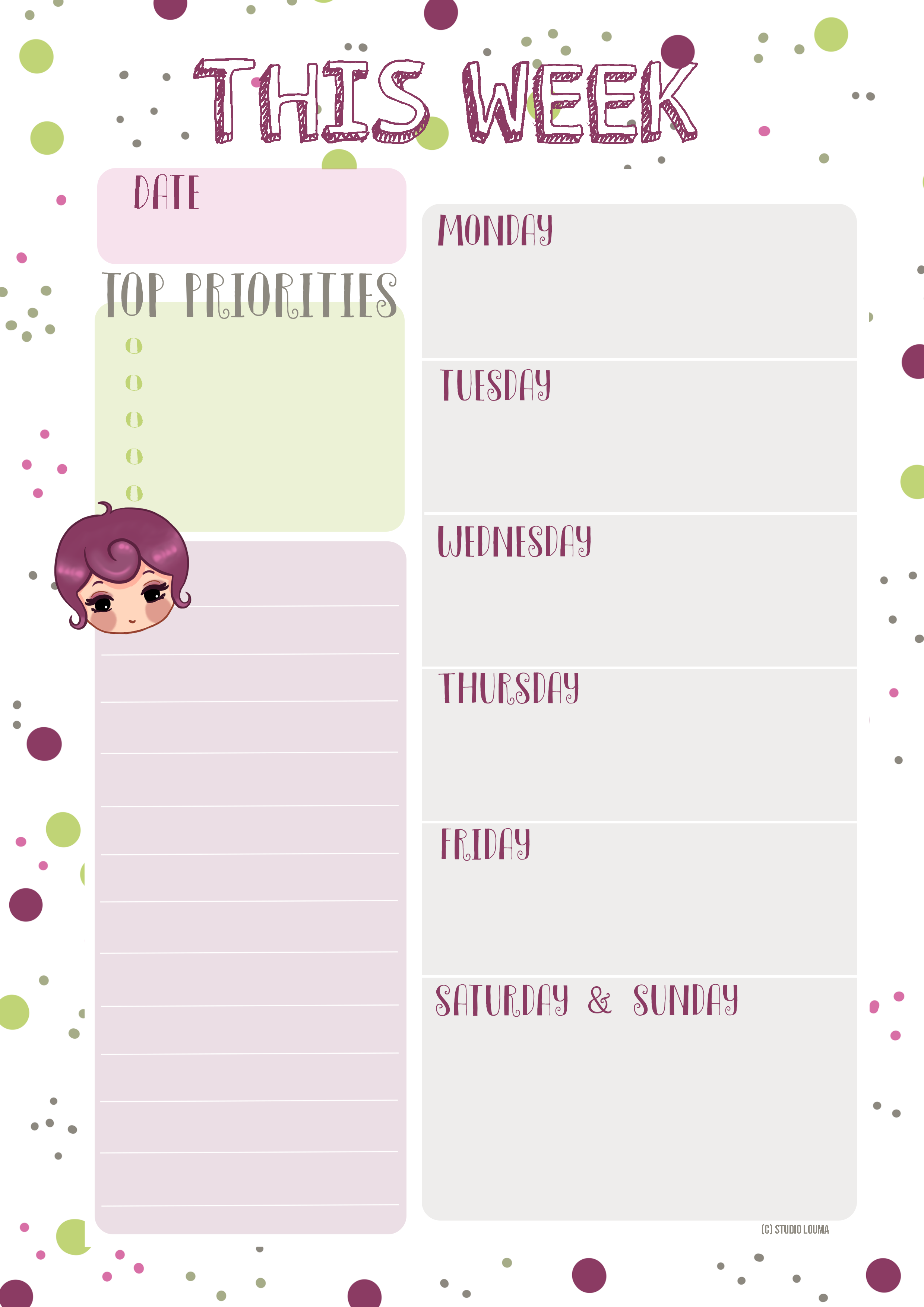 Printable weekly planner, made by Unknown Entity 1806