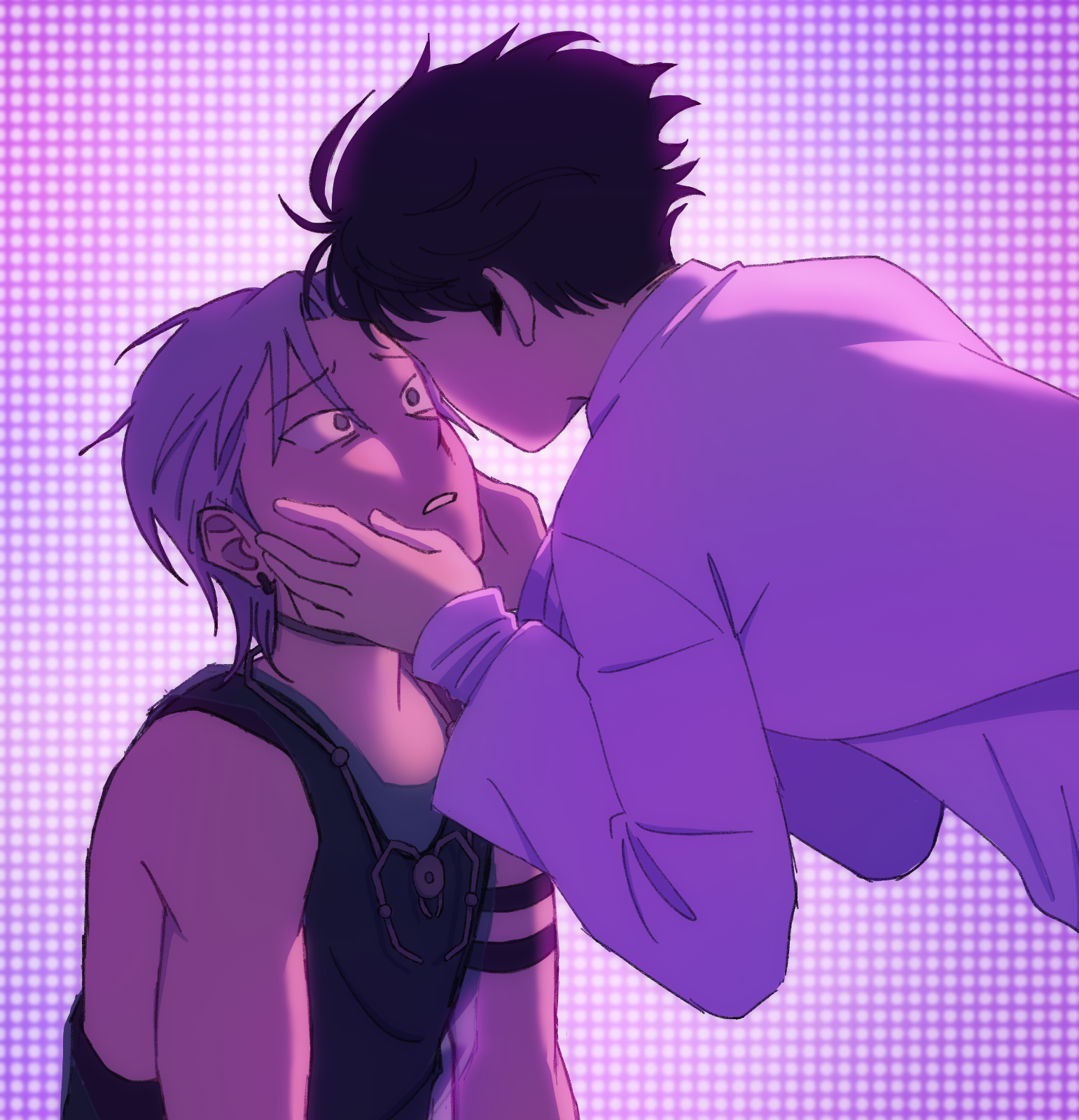 a digital drawing of ivan and till from alien stage with a pink and purple colour palette. ivan is holding till's face in his hands and leans toward him, while his own face is obscured from the viewer. till looks up at him in shock and distress.