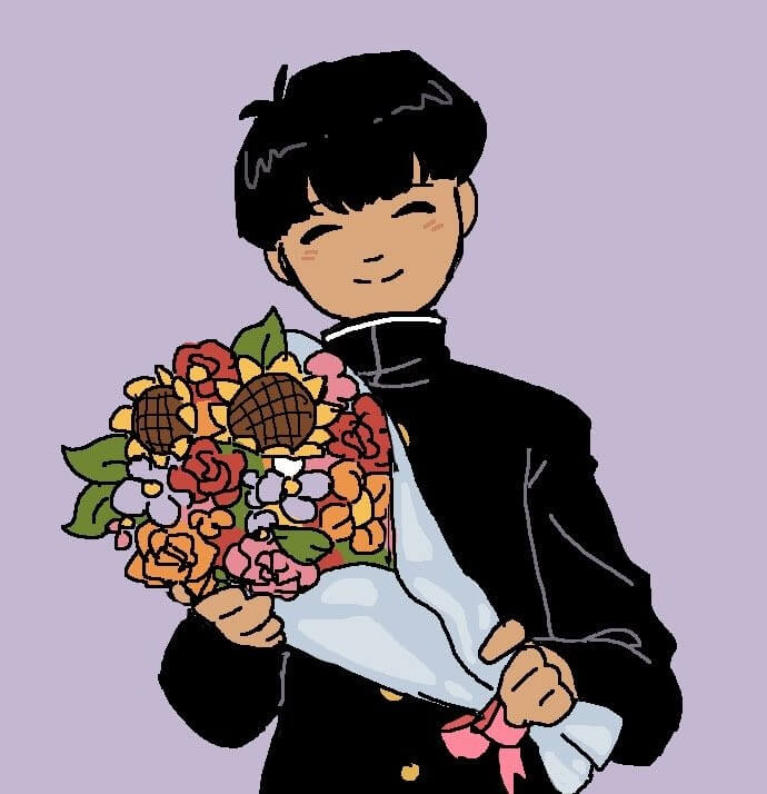 a digital drawing of mob from mob psycho 100 against a light purple backdrop. the drawing is cropped from the waist-up and he is wearing his middle school uniform while holding a bouquet of flowers. he wears a gentle smile.