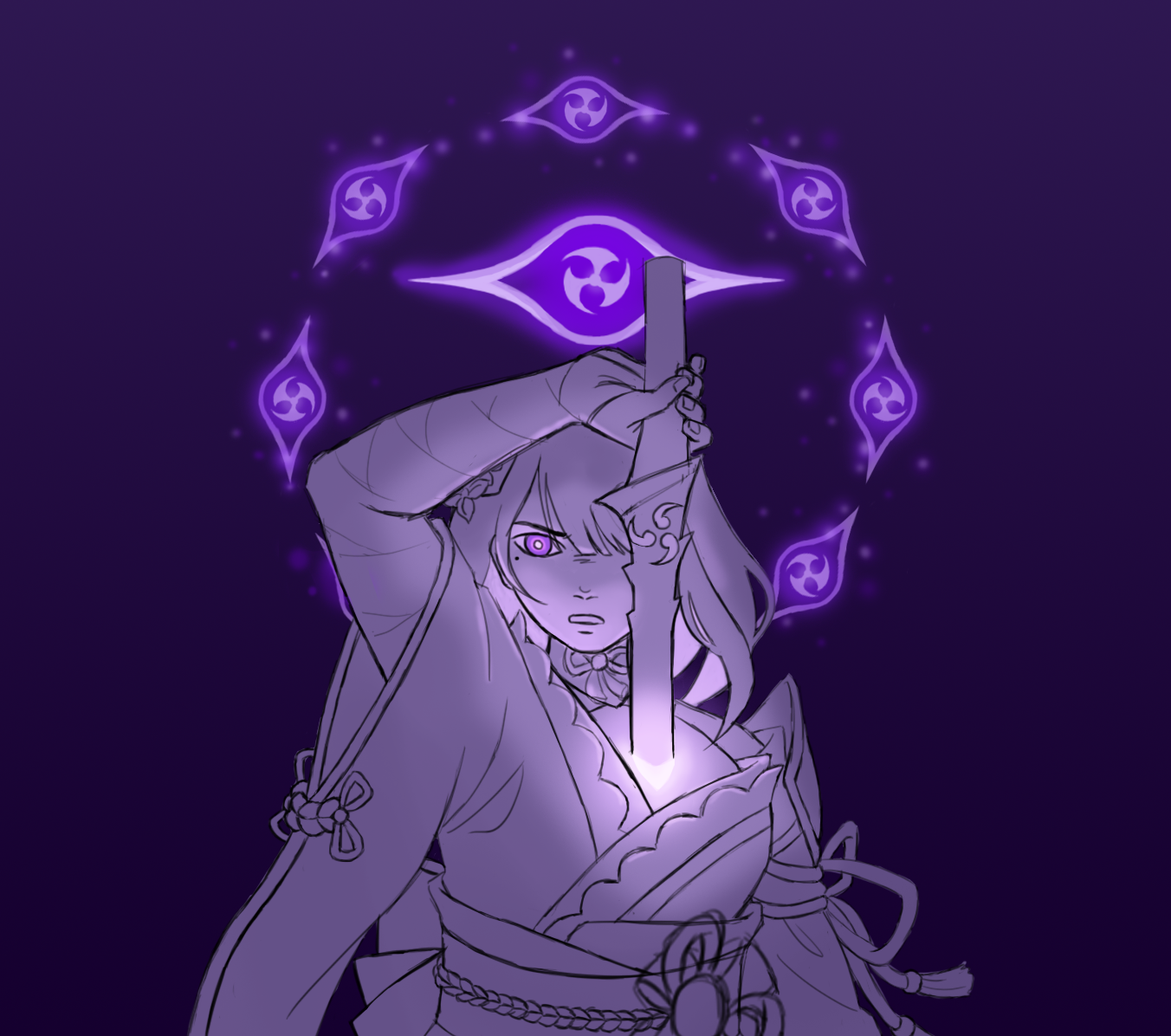 a digital drawing of raiden shogun from genshin impact against a dark purple backdrop. her brows are furrowed as she pulls her sword out of her chest where a bright white light glows. a purple ring of eyes glows behind her.