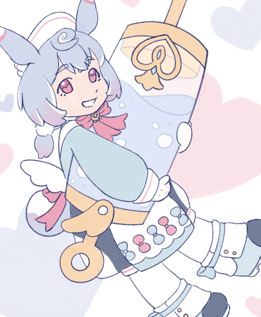 a digital drawing of sigewinne from genshin impact with a pastel colour palette against a background of pink and blue hearts. she smiles to the viewer while she holds a very large syringe.