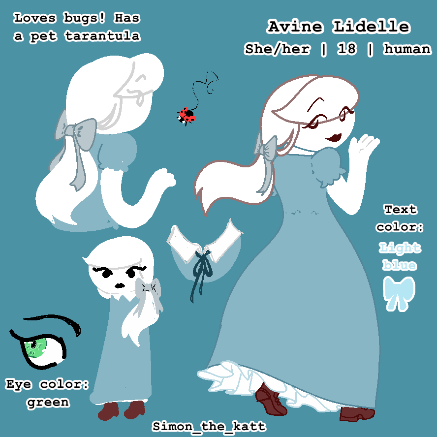 A reference sheet of my fankid Avine. She has her white hair pulled into a low ponytail held with a ribbon. She's wearing a blue dress.