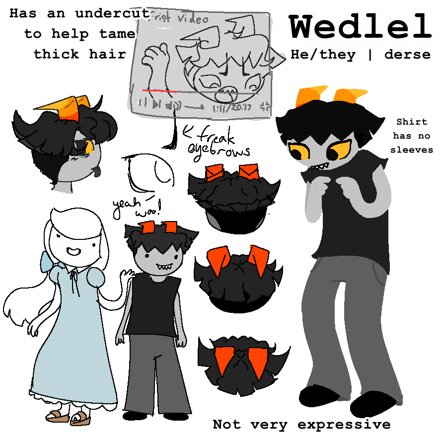 A reference sheet of my troll Wedlel. He has short hair cut into a fluffy bowl cut and big eyes. 