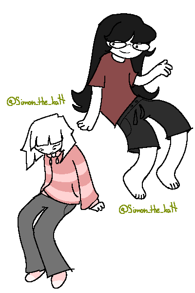 An image of my two homestuck ocs Kovii, with short white hair, and Bridg, with long black hair and glasses