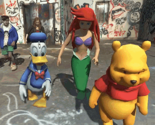 3D animated gif of Donald Duck, Ariel, and Winnie the Pooh doing a synchronized dance