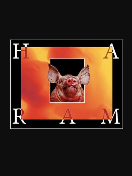 Haram game cover art, showing a pig head in front of a frame of Andres Serrano's 'Piss Christ' photo