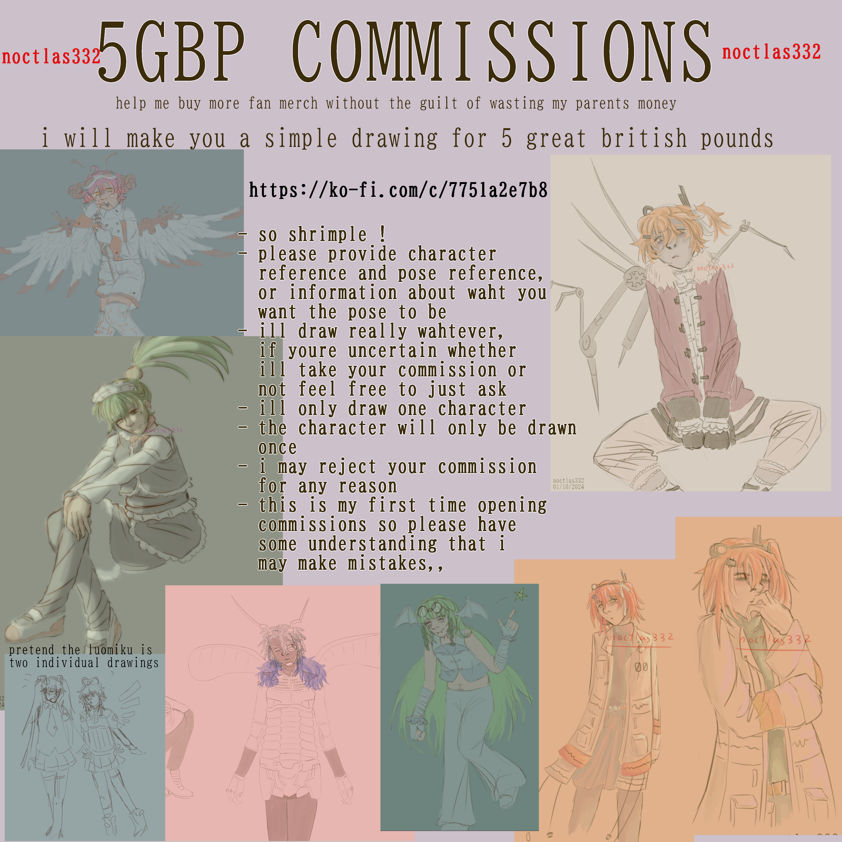 image detailing information for commissioning me as well as multiple reference images. this information is written out in full along with additional things of note beside the image on this webpage also.