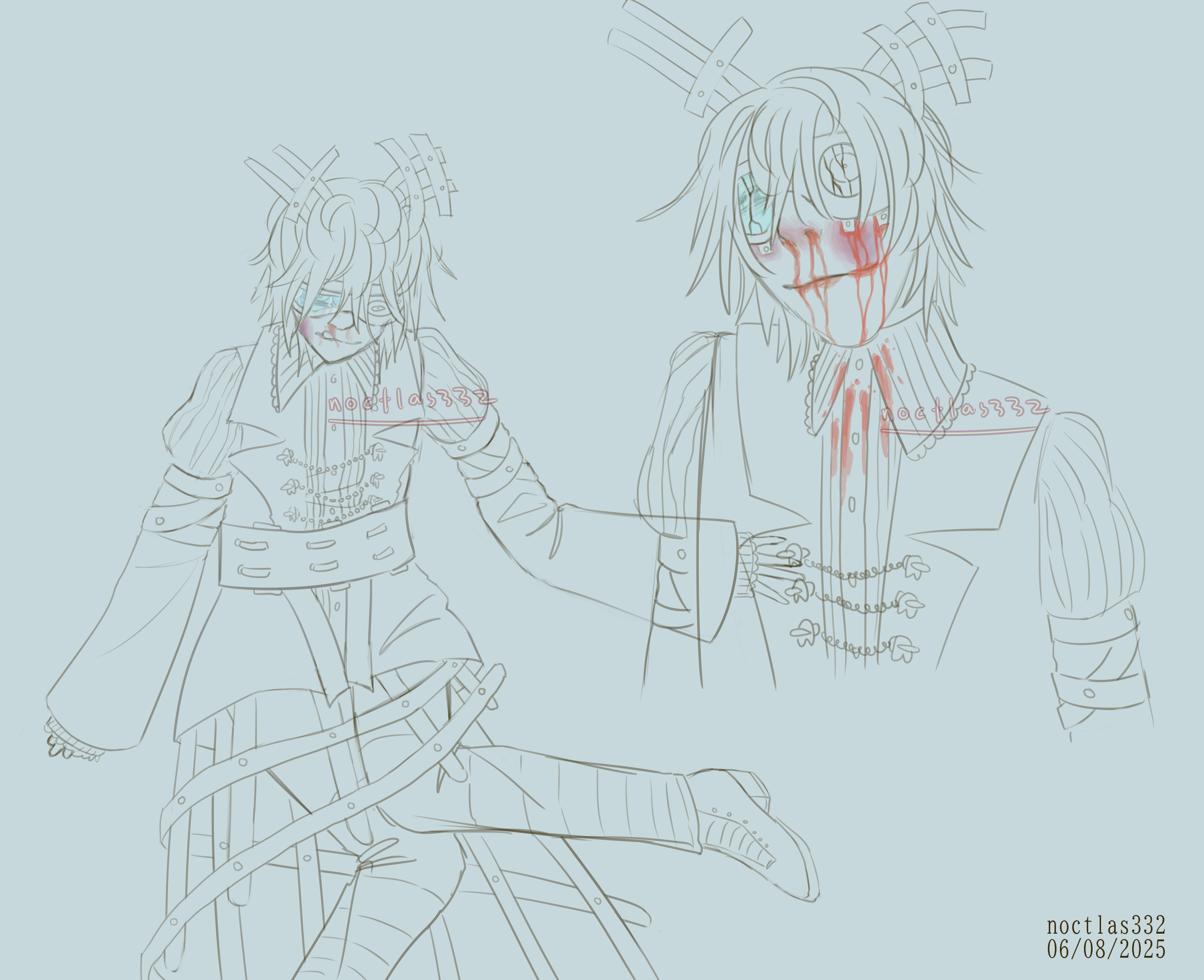 two digital sketches of name. there is no colour apart from the blood and bruises. they are bleeding heavily from the nose and screws on their face