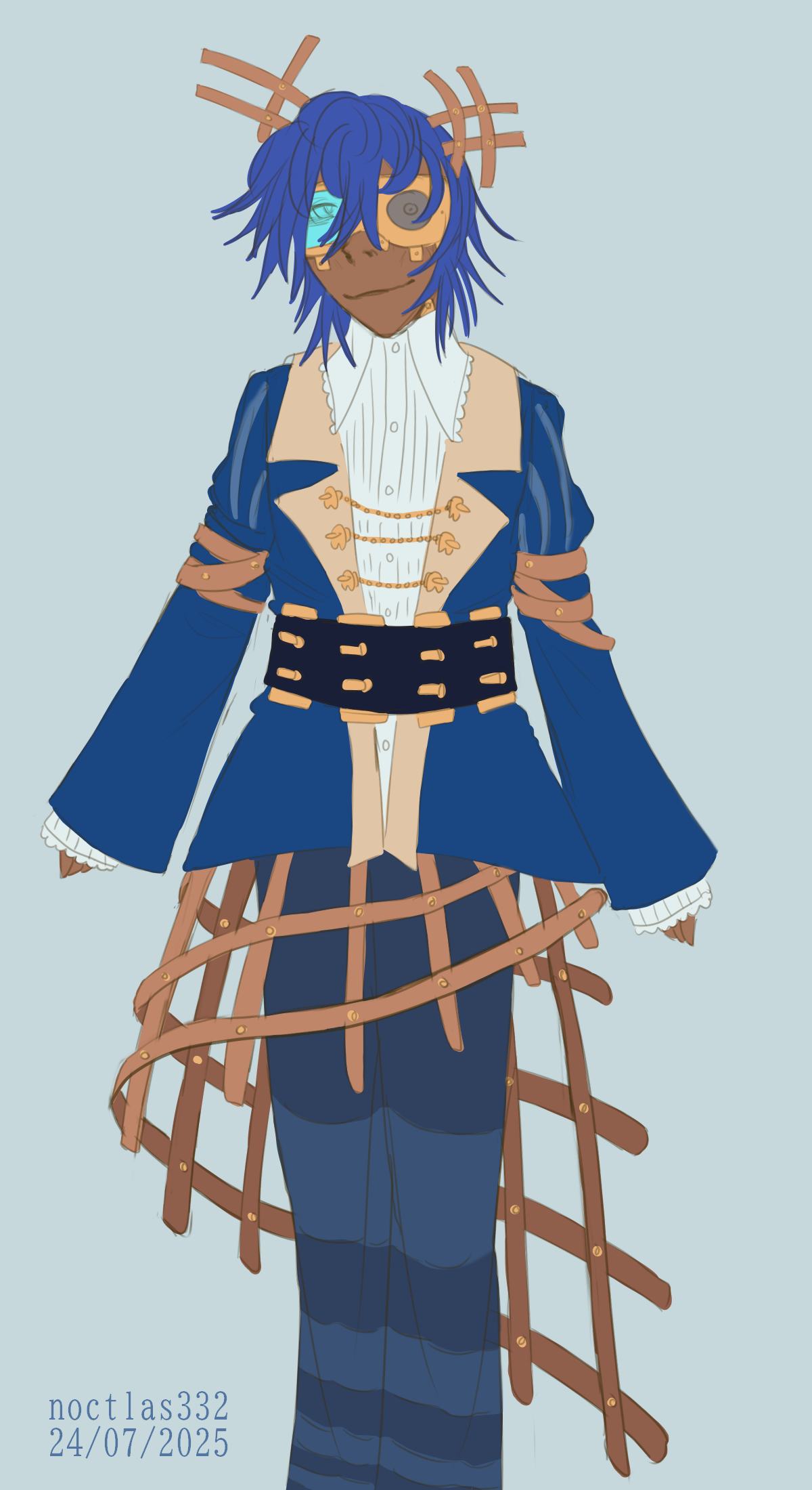 digital drawing of my oc name. they are simply standing and similing at the viewer. name has darker skin and blue hair. they wear a formal blue outfit with a large belt. they have metal strips coming out of their head, and out of their waist, where they wrap around their legs. they have thick gold goggles bolted over their eyes, which have a camera where one of the eyes would be