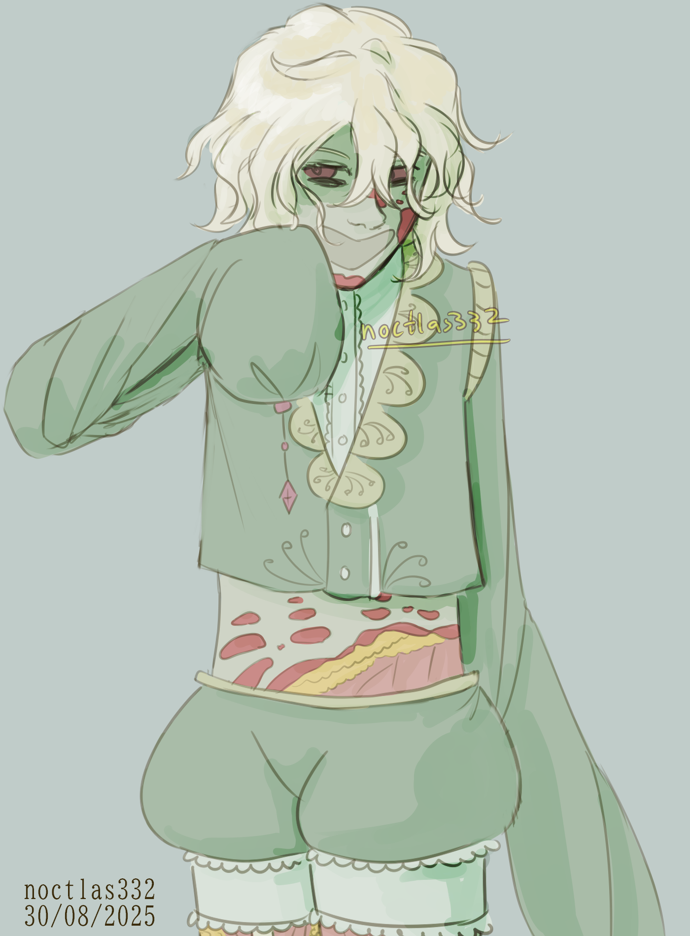 coloured digital sketch of ghillie. he is smiling and looking at the viewer, and is holding an arm up to his face. he is seem from the waist up.