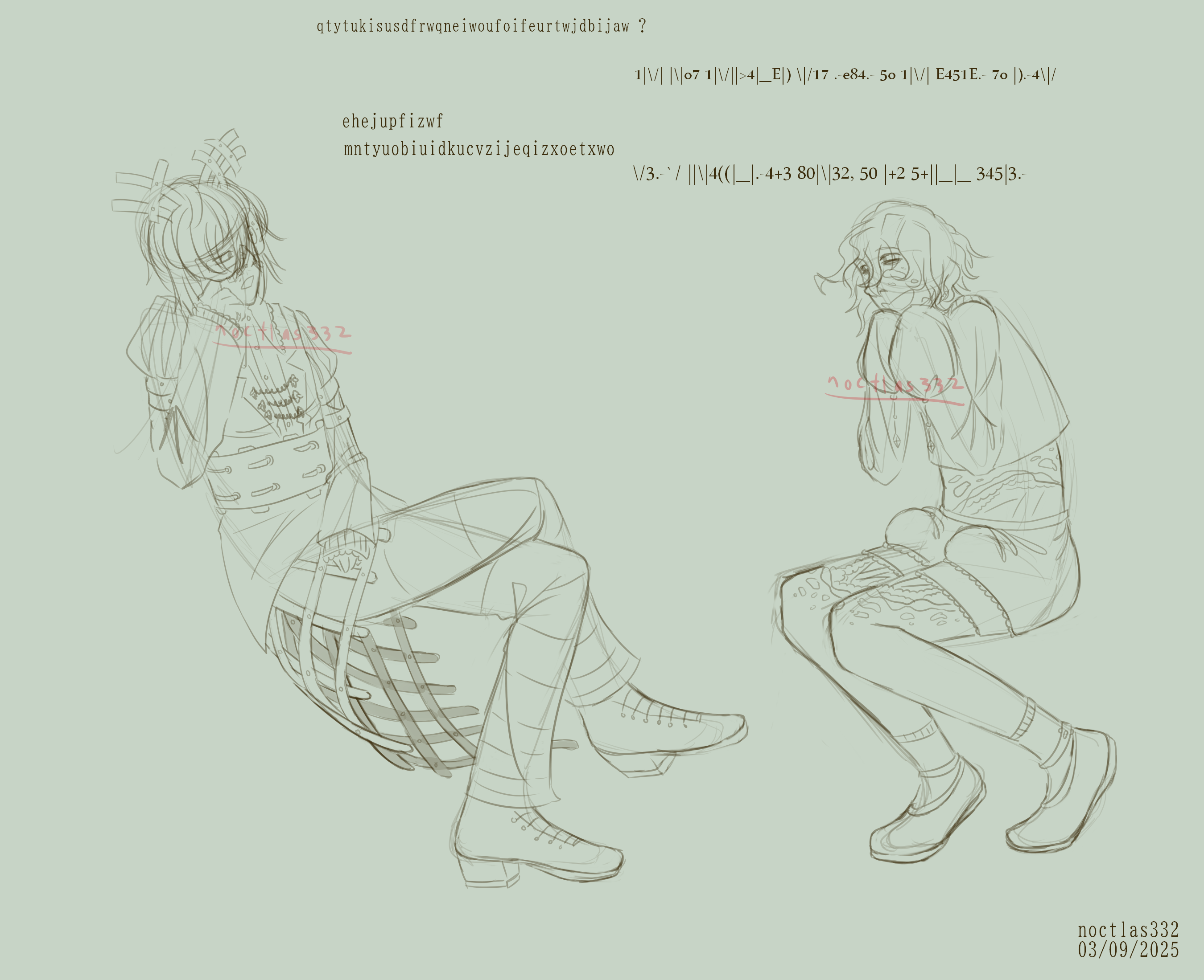 uncoloured digital sketch of name and ghillie sitting and talking to eachother,, name looks slightly displeased but ghillie is smiling