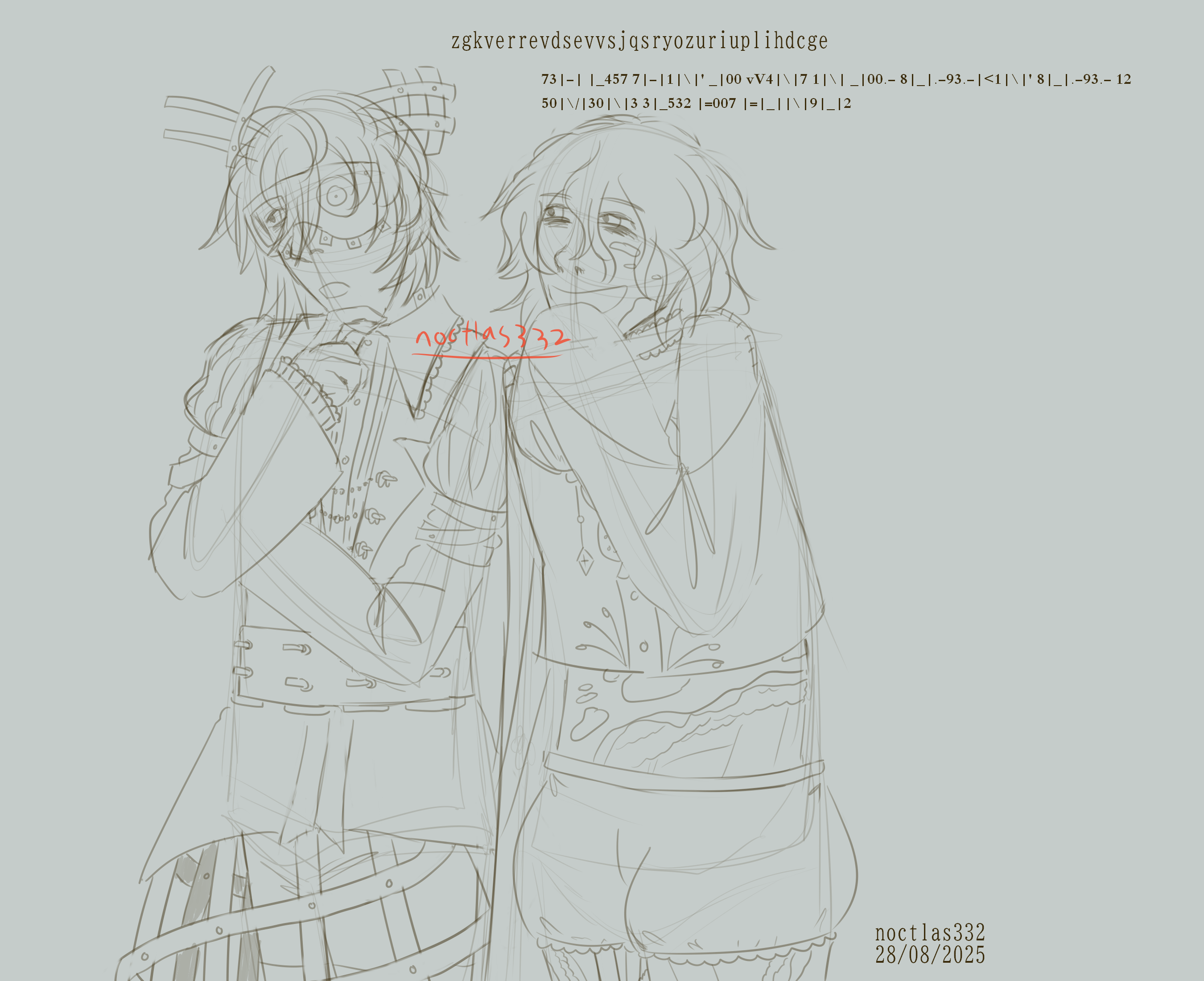 uncoloured digital sketch of name and ghillie looking off to the side at something. they are each holding a hand up to their face. they are talking with eachother