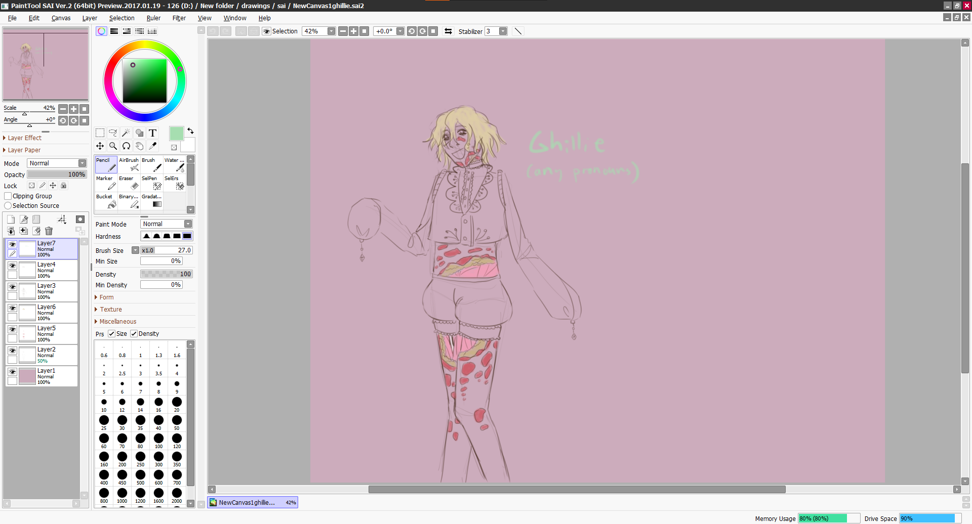 a screen shot of paint tool sai. there is a sketch of ghillie being drawn. the only colour is in her hair and gore