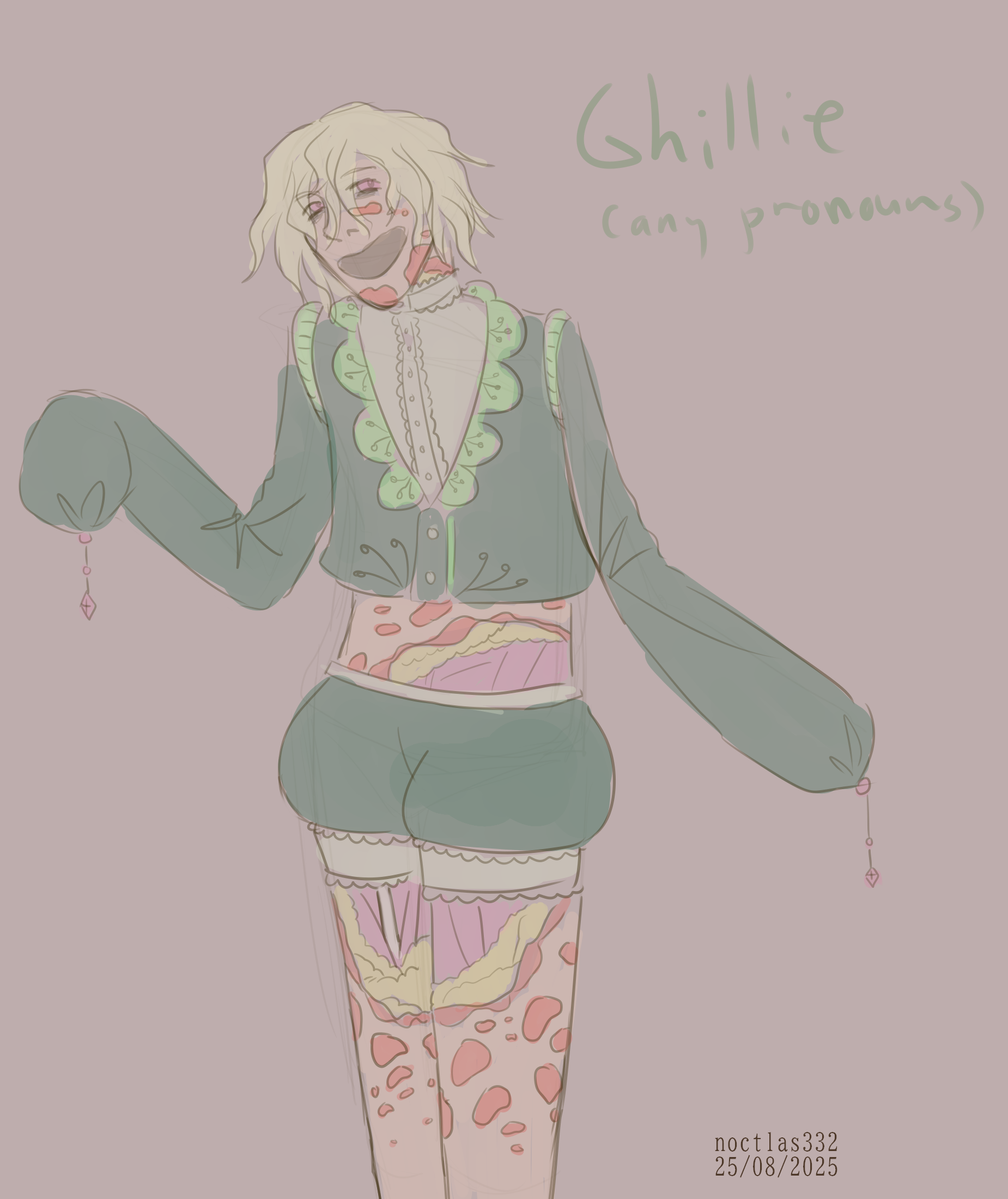 coloured digital sketch of my oc ghillie. there is text stating their name and that they use any pronouns. they can be seen from the knees up and are simpley standing and smiling at the viewer. ghillie is pale and has light blonde hair. they wear a fancy green outfit with sleeves that compeltely cover their hands and are tied off at the end, making it impossible for them to use their hands. they are gored as though decomposing or eaten by bugs, with layers of skin, fat, muscle, and bone, being visable on their face, neck, abdomen, and legs.