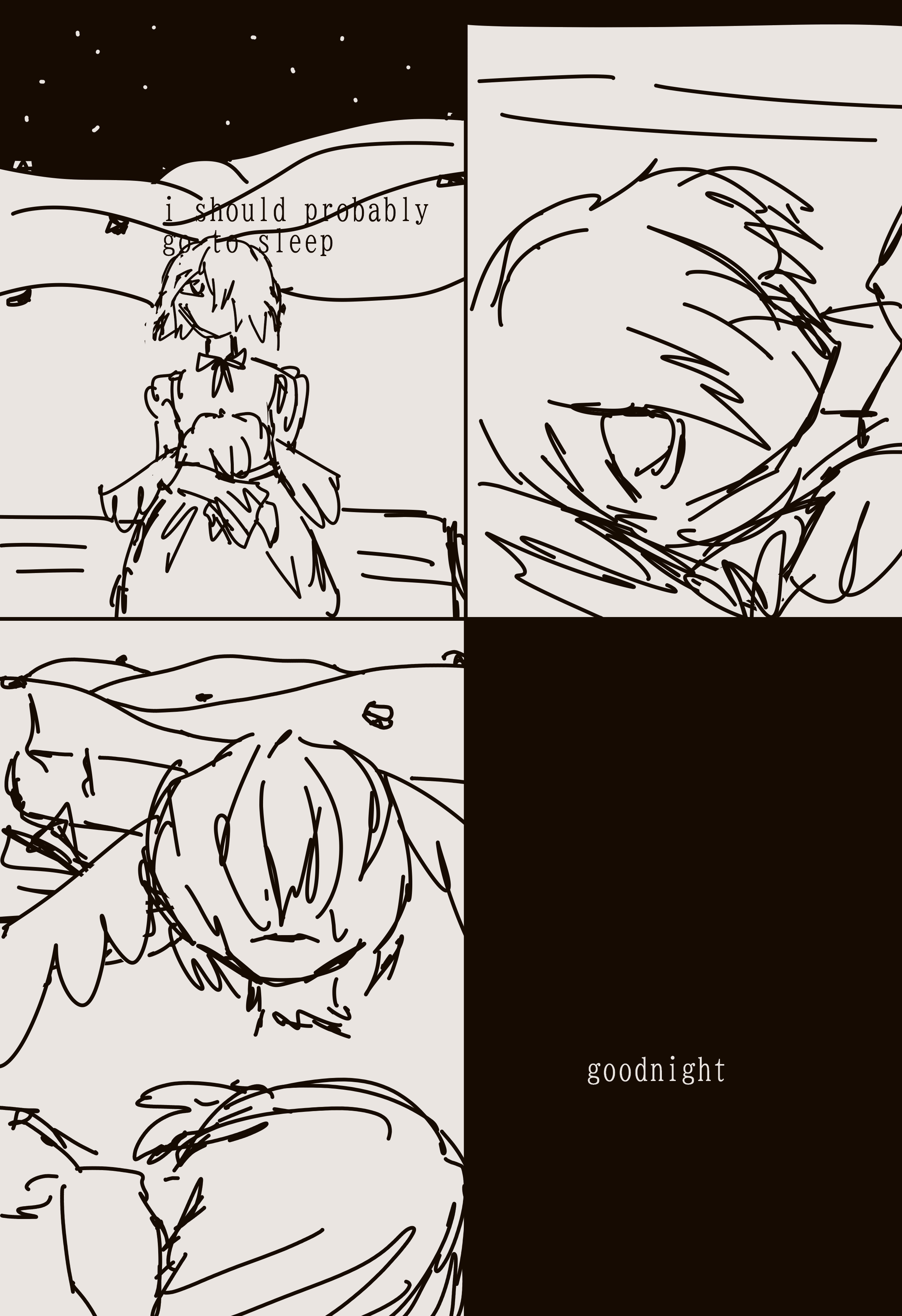4 panel comic. in the first panel a character says they need sleep while looking up at the stars and holding a severed head with wings. in the second panel they lie down. in the third is the severed head that theyre now looking at. in the last is just the text goodnight