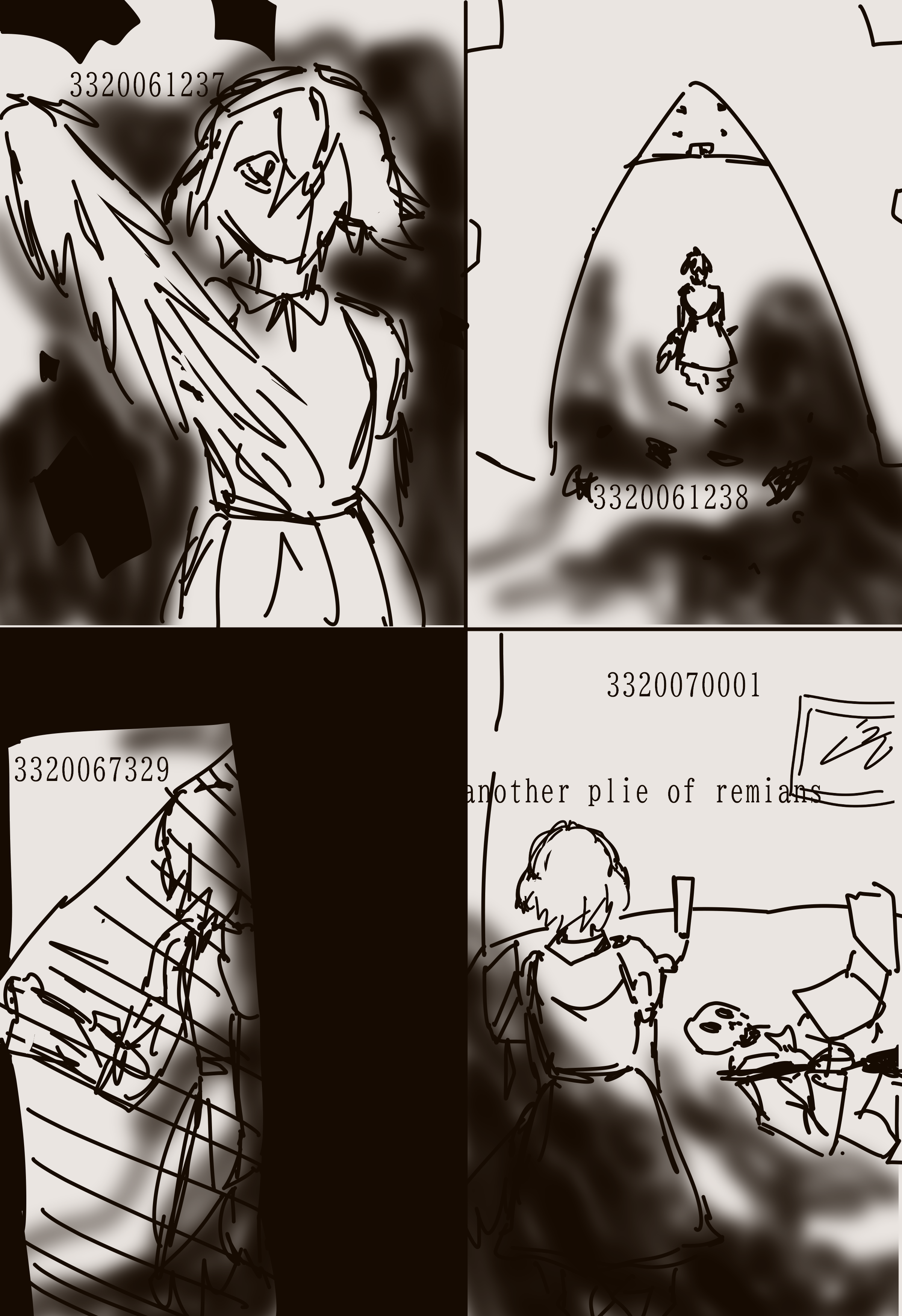 4 panel comic. a character breaking a black plane, then walking through a gate, then in to a room, then finally they come across a dead body. in each panel they are counting up in the 3 trillions. they are unfazed by the dead body.