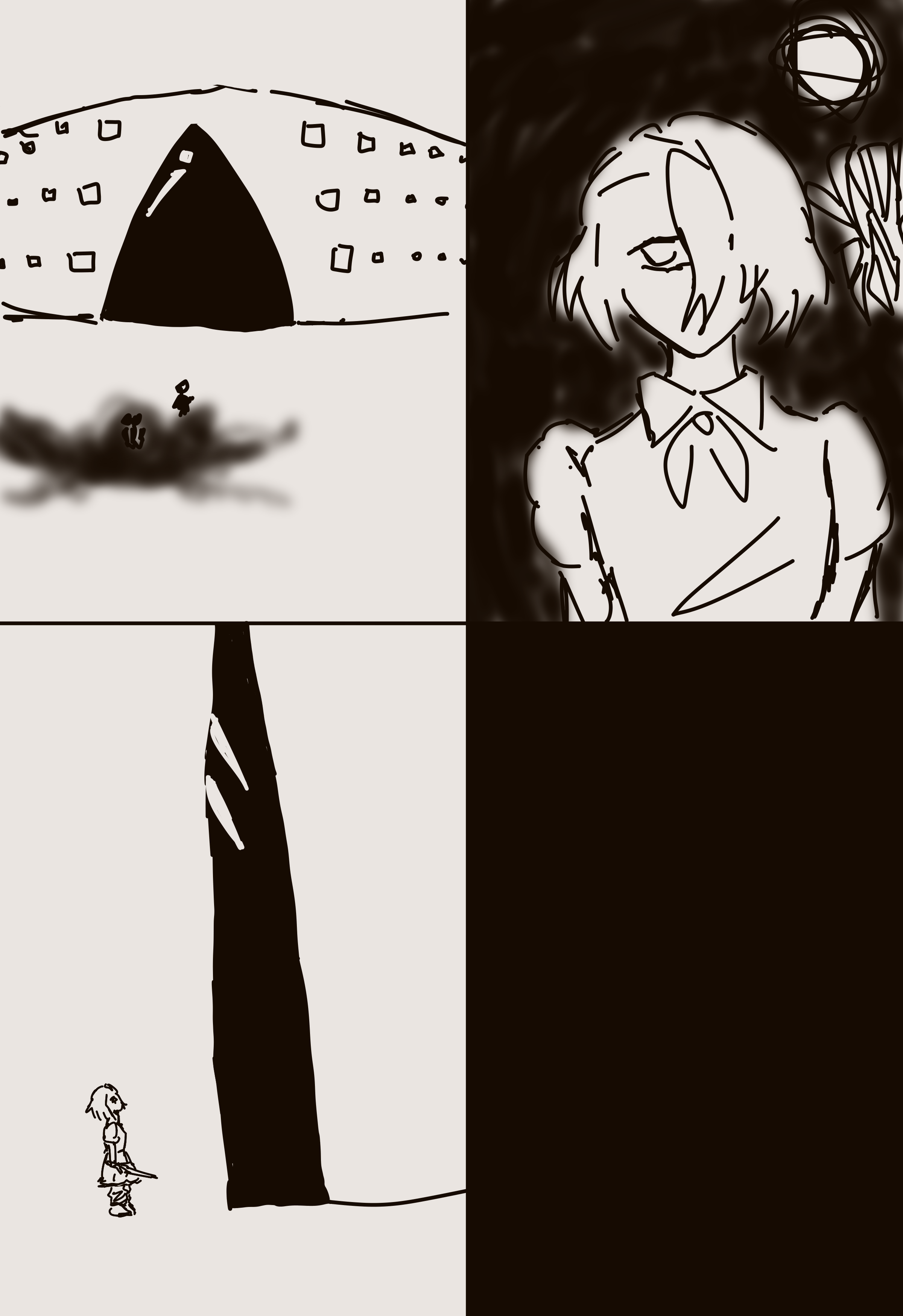 4 panels. 2 characters approached a large structure and stop in front of a black plane