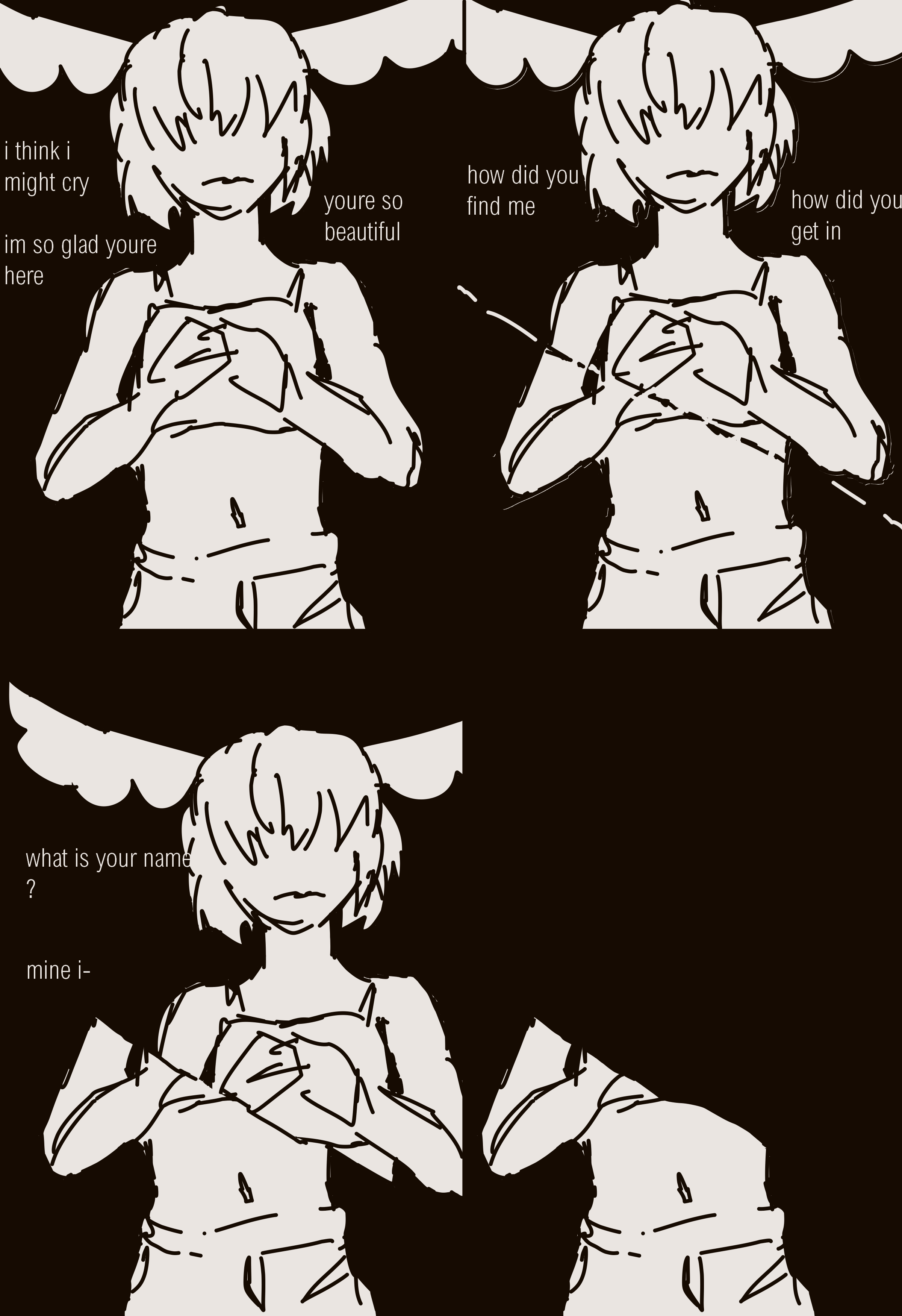4 panels. the first character slices the new character in two with a sword. the new character speaks during this. 'i think i might cry im so glad youre here, youre so beautiful, how did you find me, how did you get in, what is your name ? mine i-'. the top half of their body then slides onto the floor