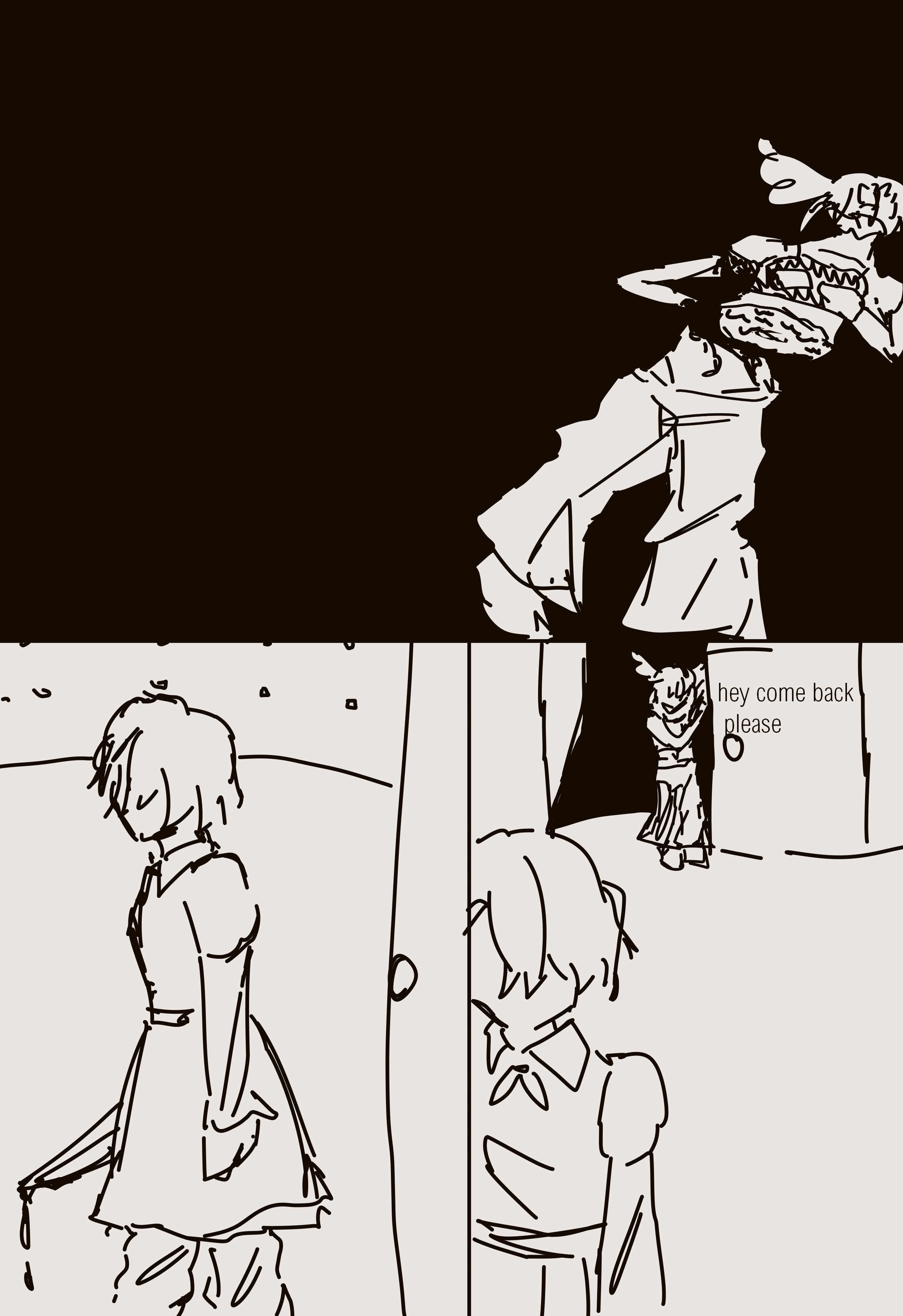 4 panels. the first character leaves the dead body on the floor and exits. in the last panel the new character stands in the door they just came through and says 'hey come back please'