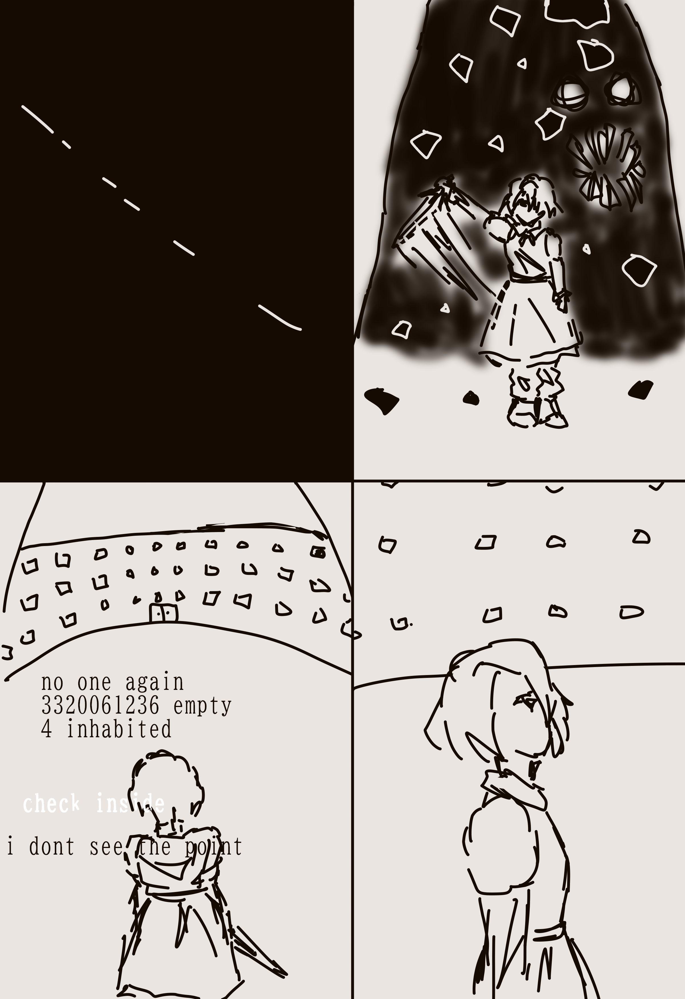 4 panels. one of the characters slashed through the black plane with a sword, shattering it. they have a conversation, 'no one again 3320061236 empty 4 inhabited' 'check inside' 'i dont see the point'