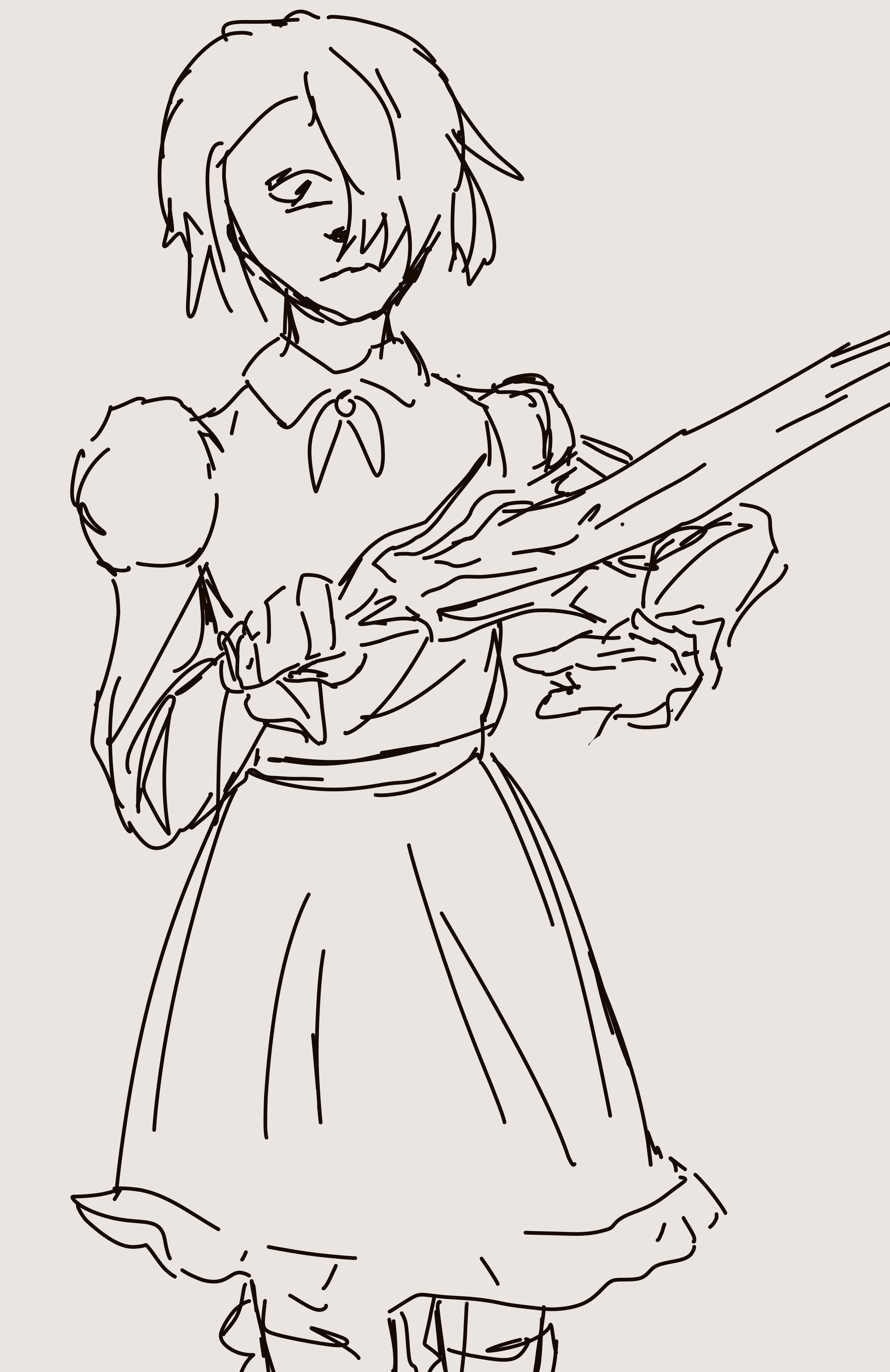 a character with hair covering one eye in a dress holding a sword. they are frowning