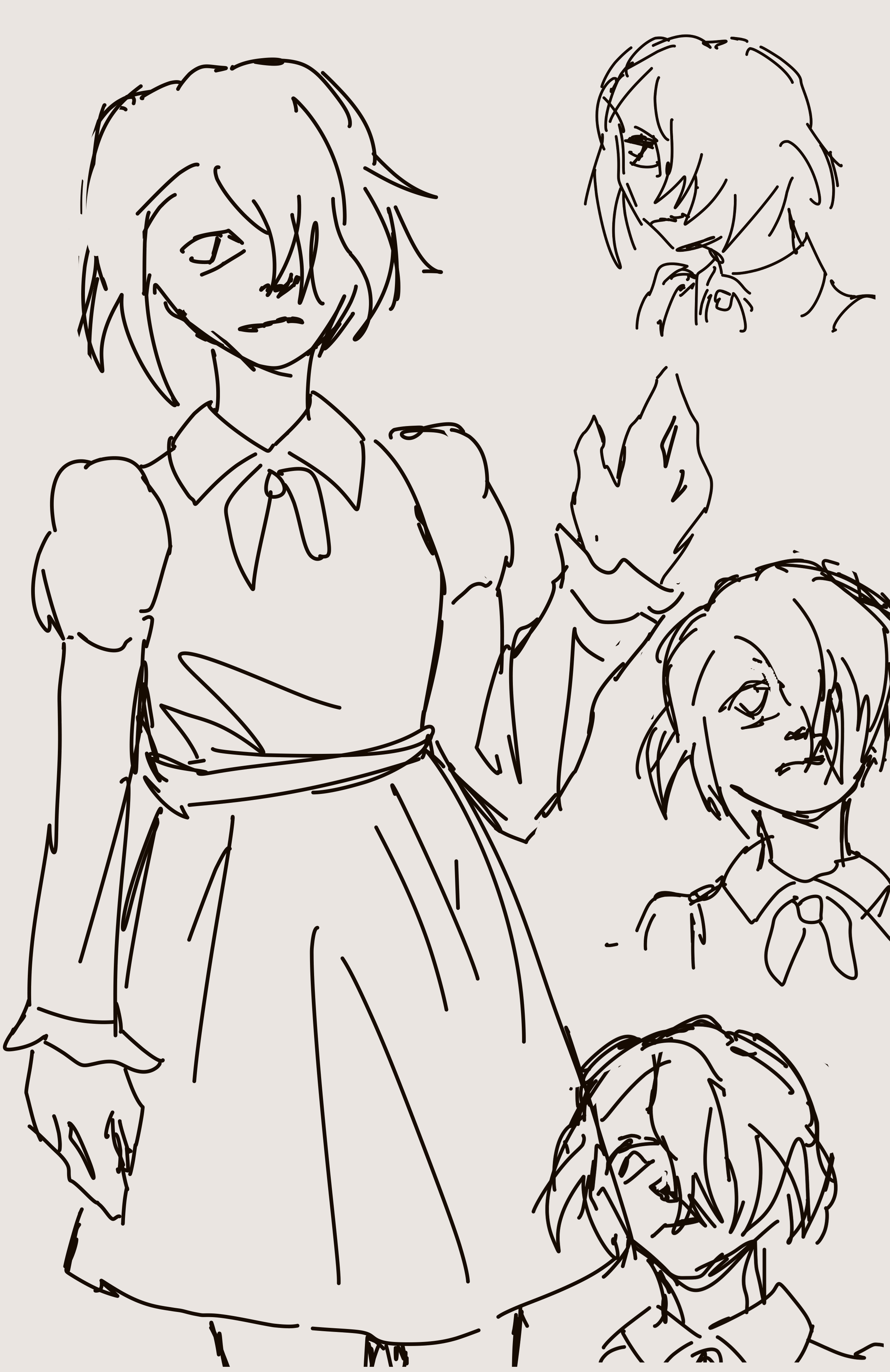 the character standing holding up one hand. there are also 3 head shots on the side. they are frowning in each drawing