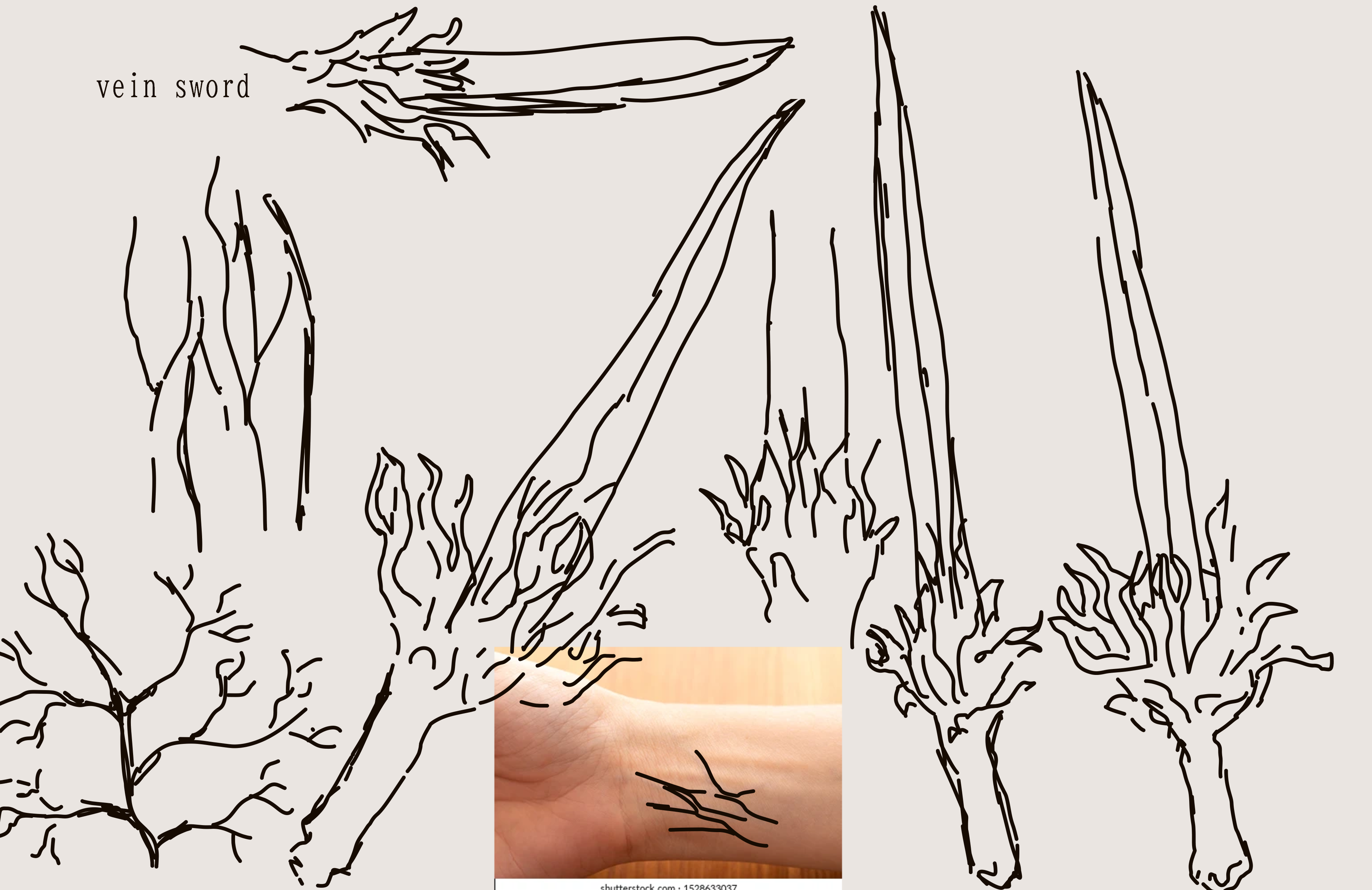 many drawings of the vein sword, as well an a photo of a wrist with the veins traced over