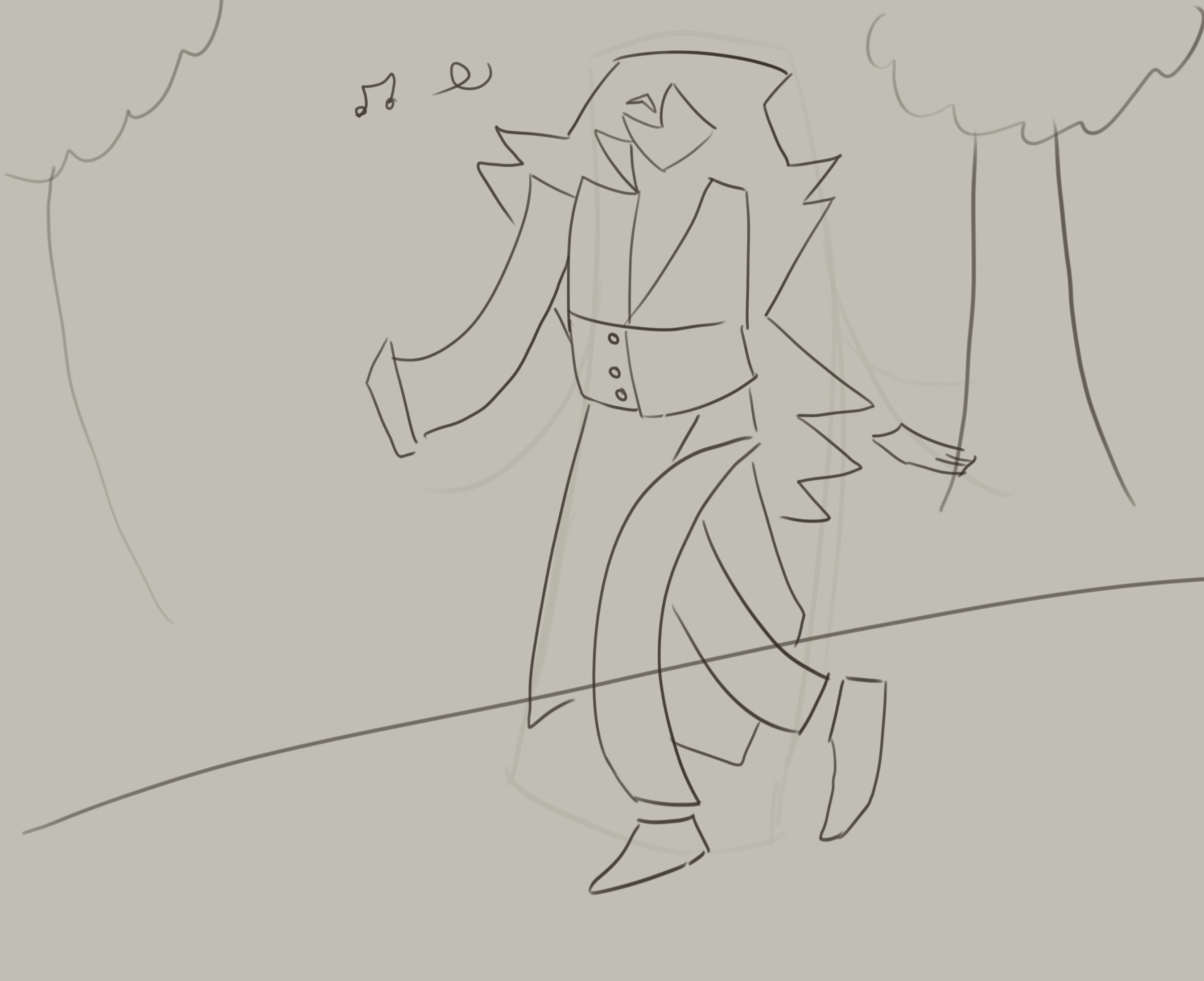 first panel of a sketched digital comic. utau euc is happily walking down a footpath. there are trees in the background
