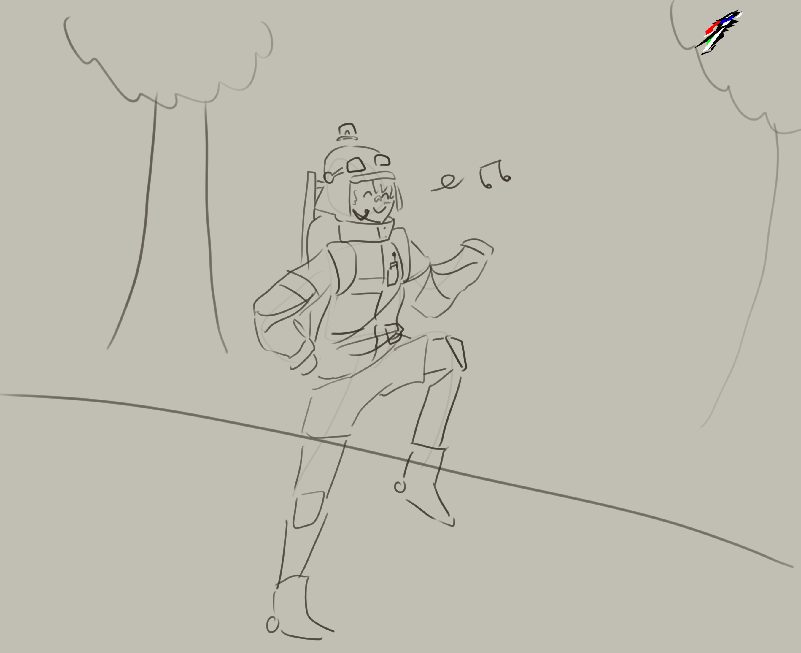 fourth panel. utau siren sian is happily walking down a footpath. euc can be seen stuck in a tree in the background
