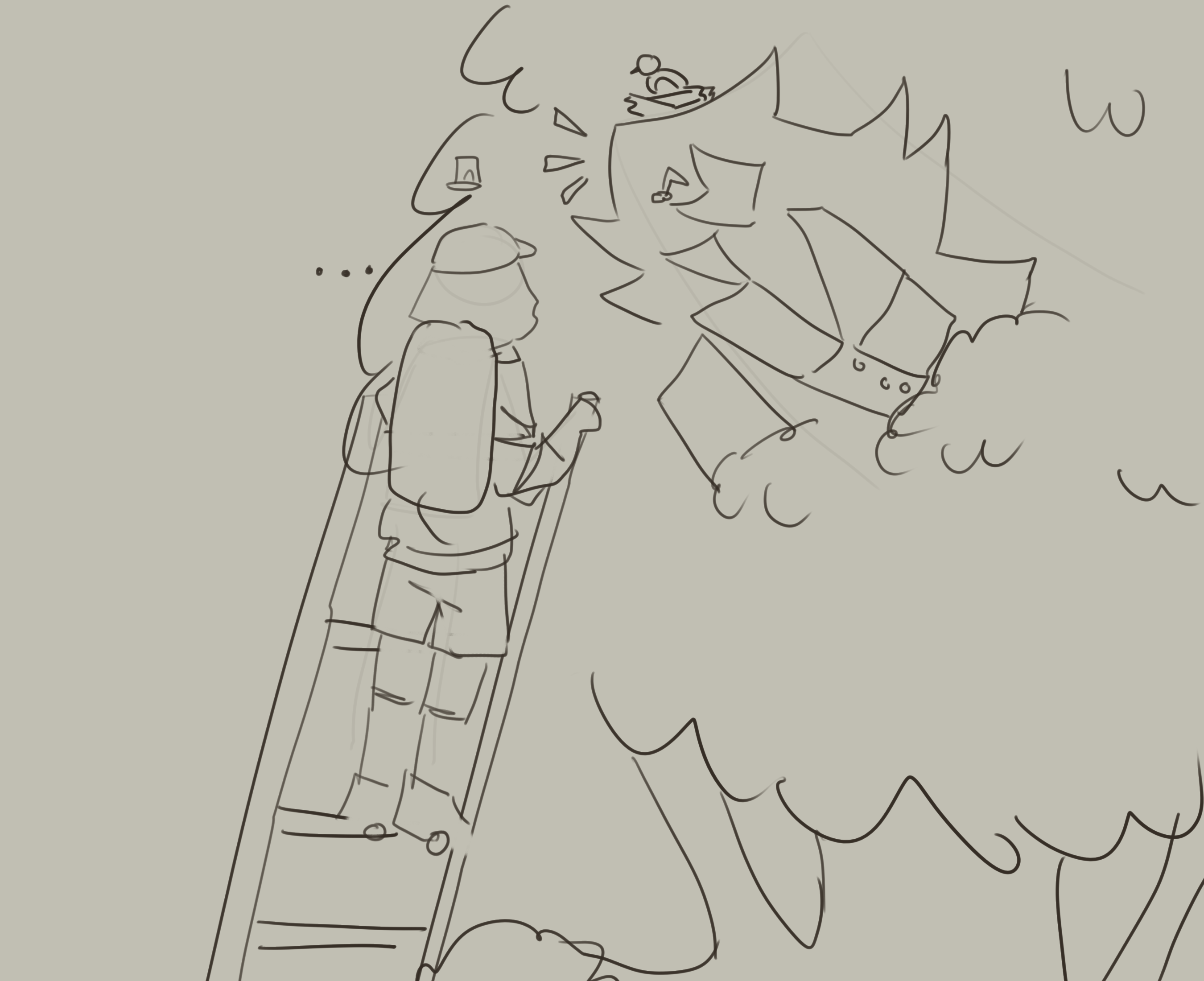 sixth panel. sian uses a ladder to climb up the tree euc is stuck. a bird has made its nest on eucs head, and he is happy to see sian. sian is seemingly disappointed 