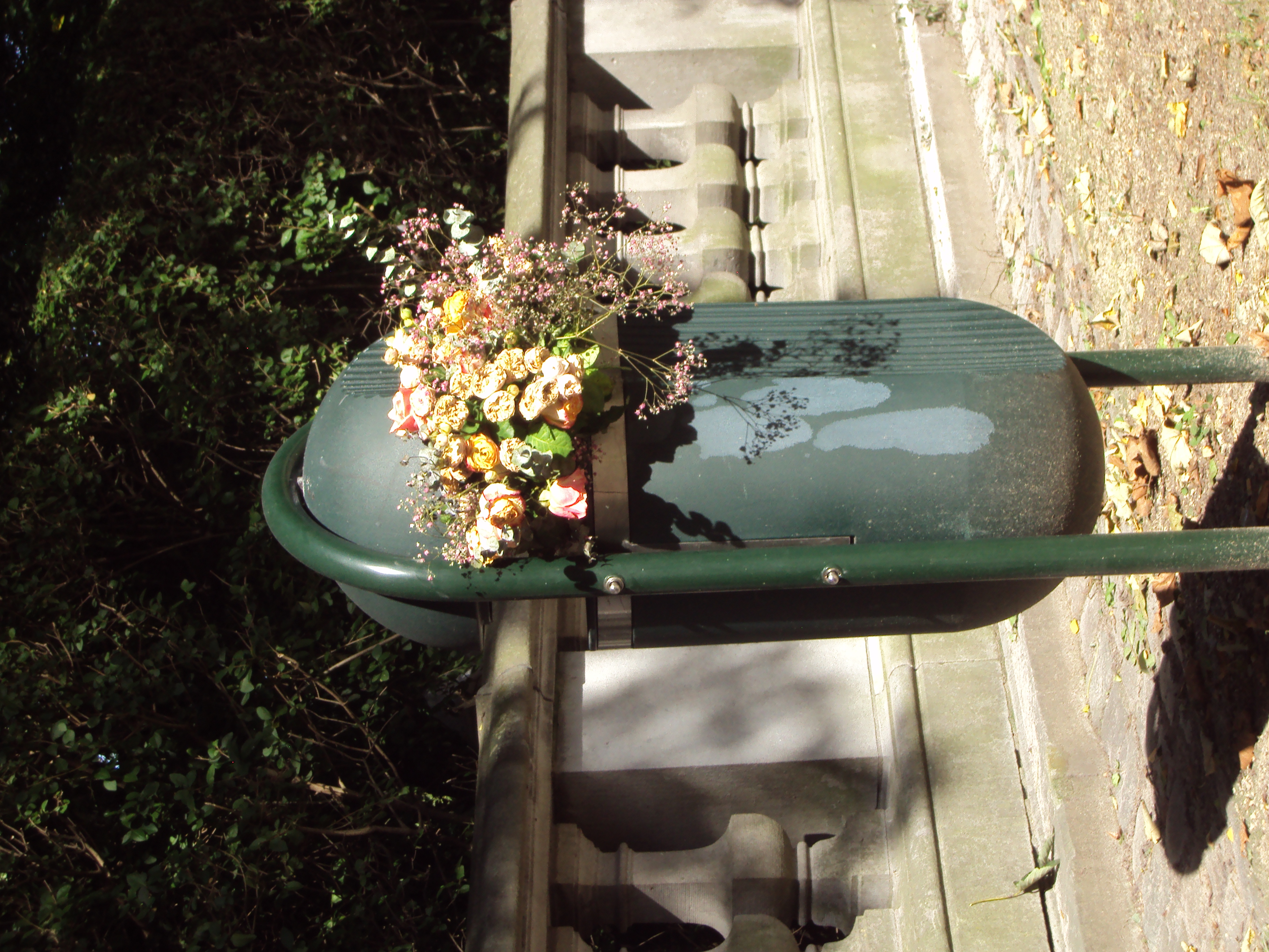 photo dun bouquet de fleurs dans une poubelle dans un parc