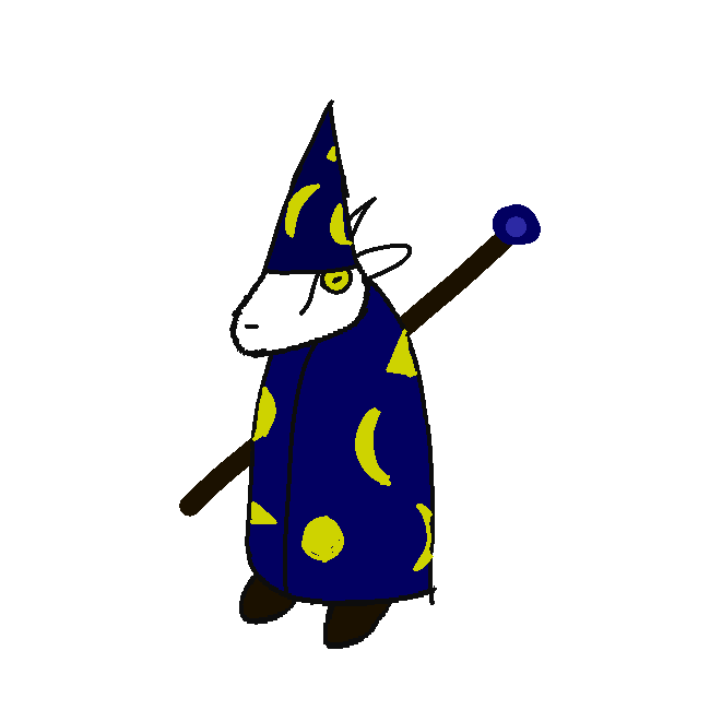 A low-quality image of an anthropromorphic goat wearing a dark blue robe and pointed hat.