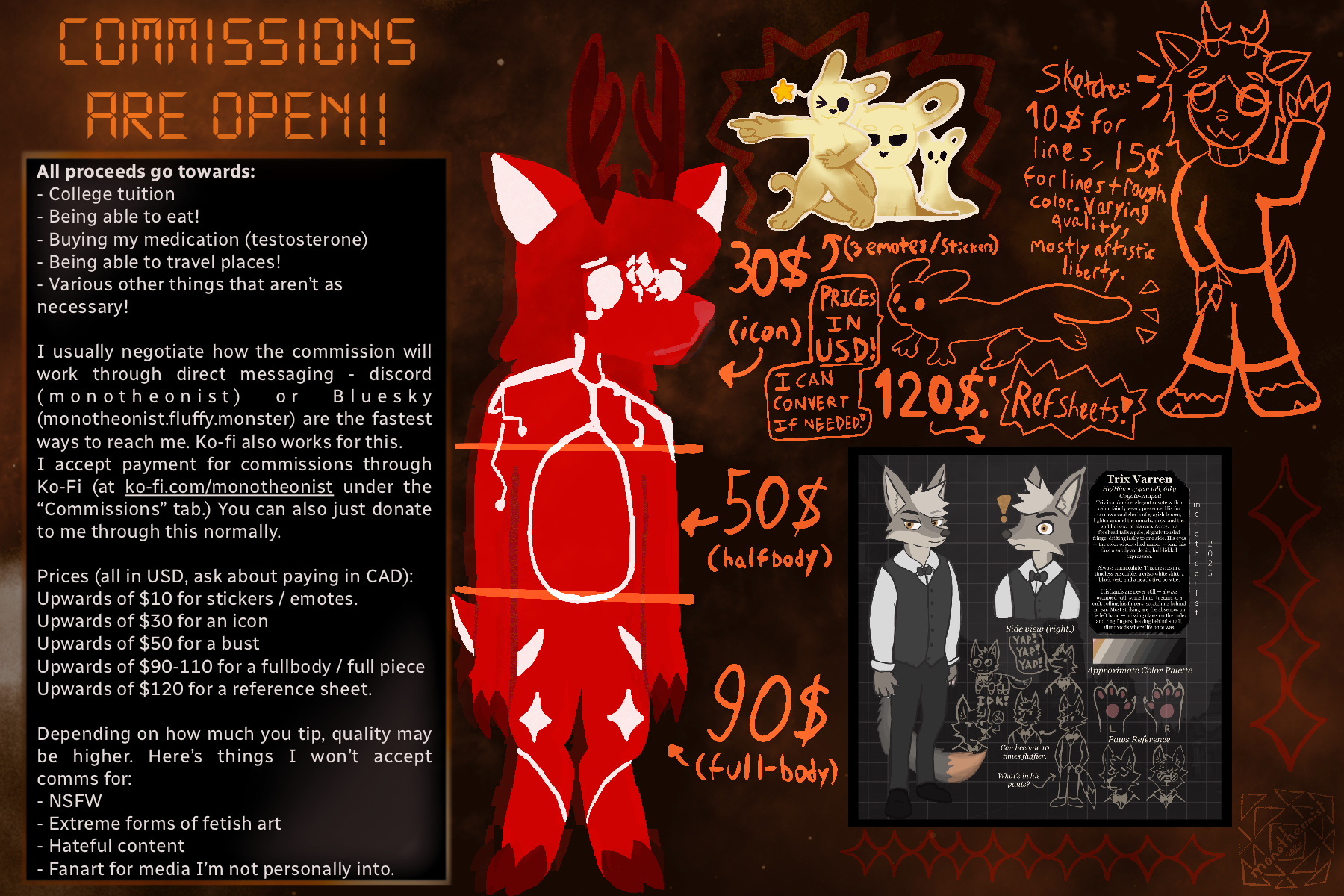 This is an image of a commission sheet with a bunch of prices on it.