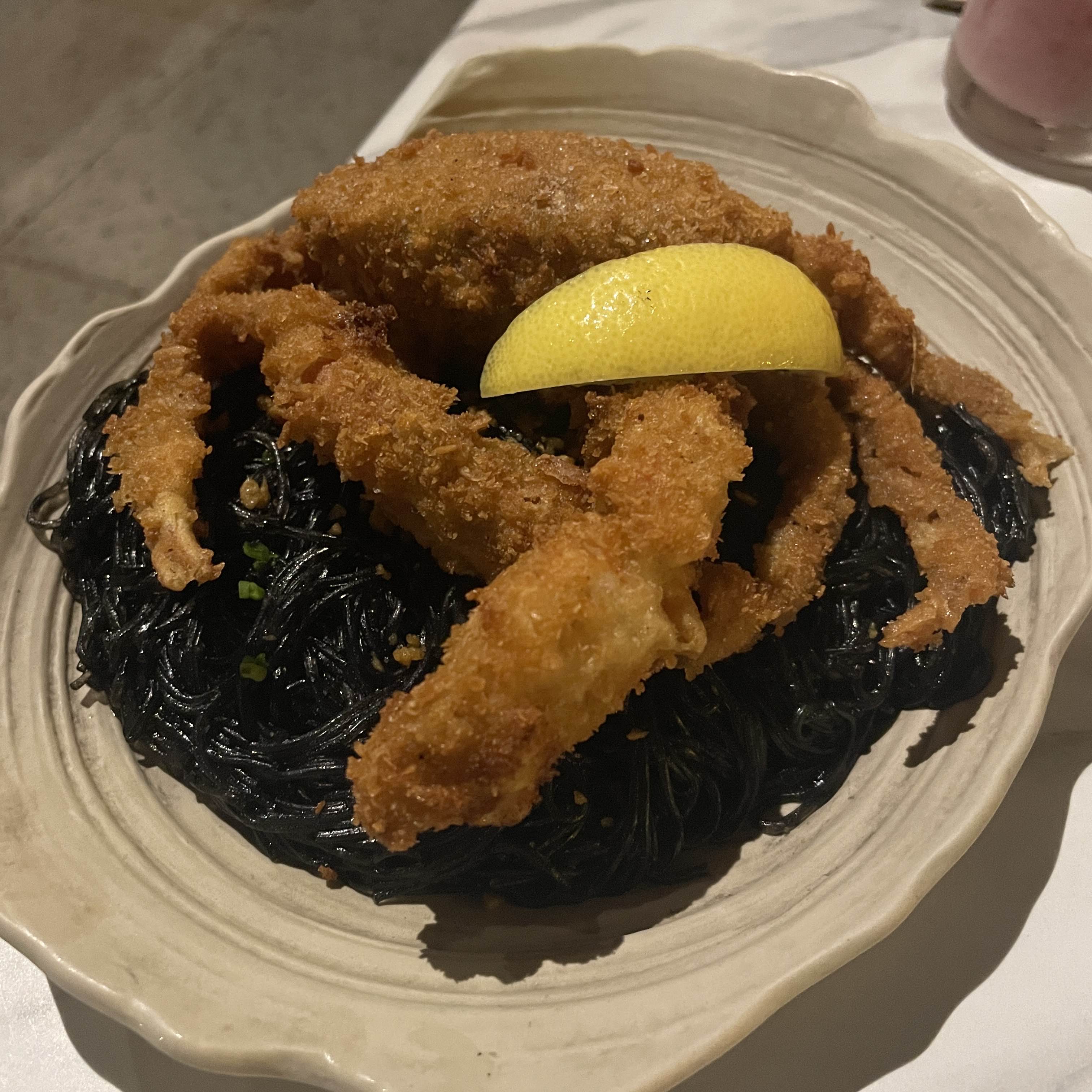 soft shell crab and squid ink sotanghon