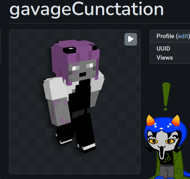 A screenshot of the minecraft user "gavageCunctation" with the skin of ly'lac from homestuck beyond canon. A sprite of nepeta is standing next to them, in shock