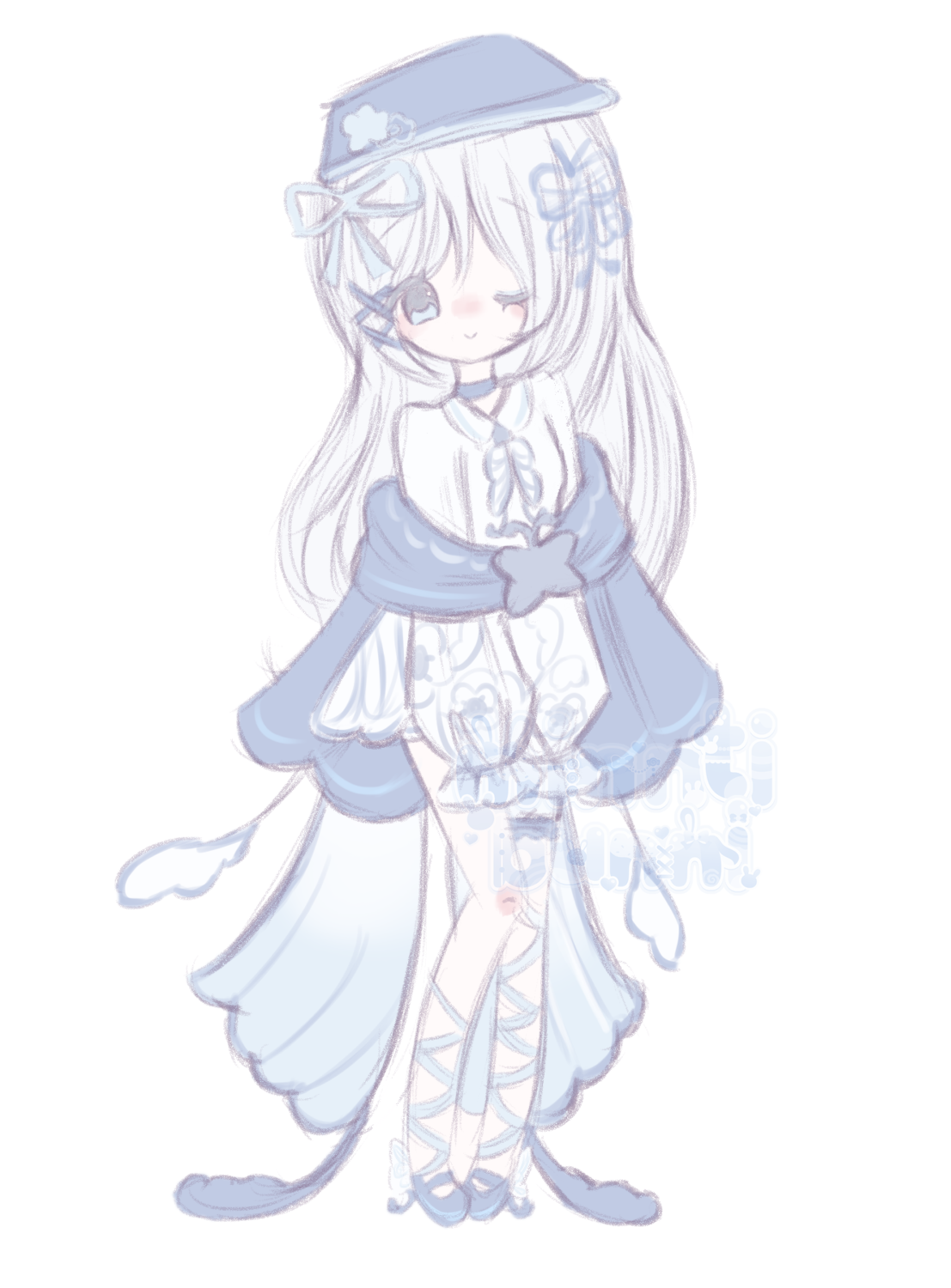 An illustration of _dangh3ng's (on discord) character. They have their hands on their lap and are winking.