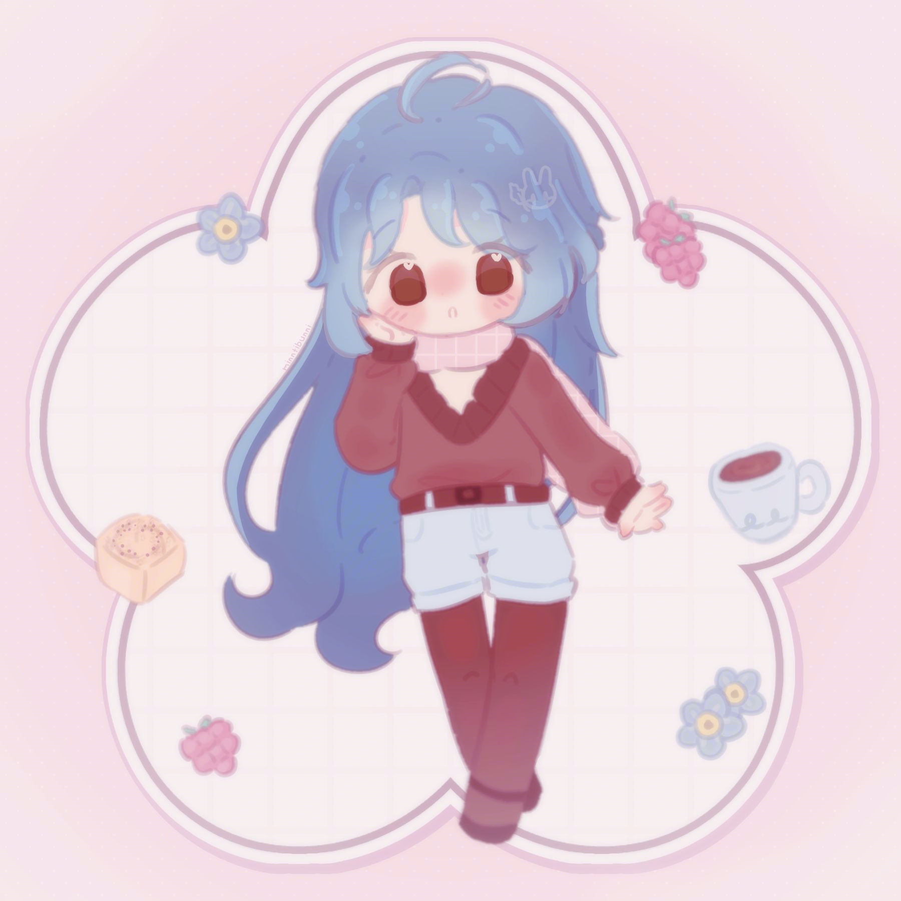 An illustration of a.rriver's (on discord) character in chibi form. They are holding their hand up to their face while walking. They are surrounded by flowers, raspberries, a pastry and a mug of hot chocolate.