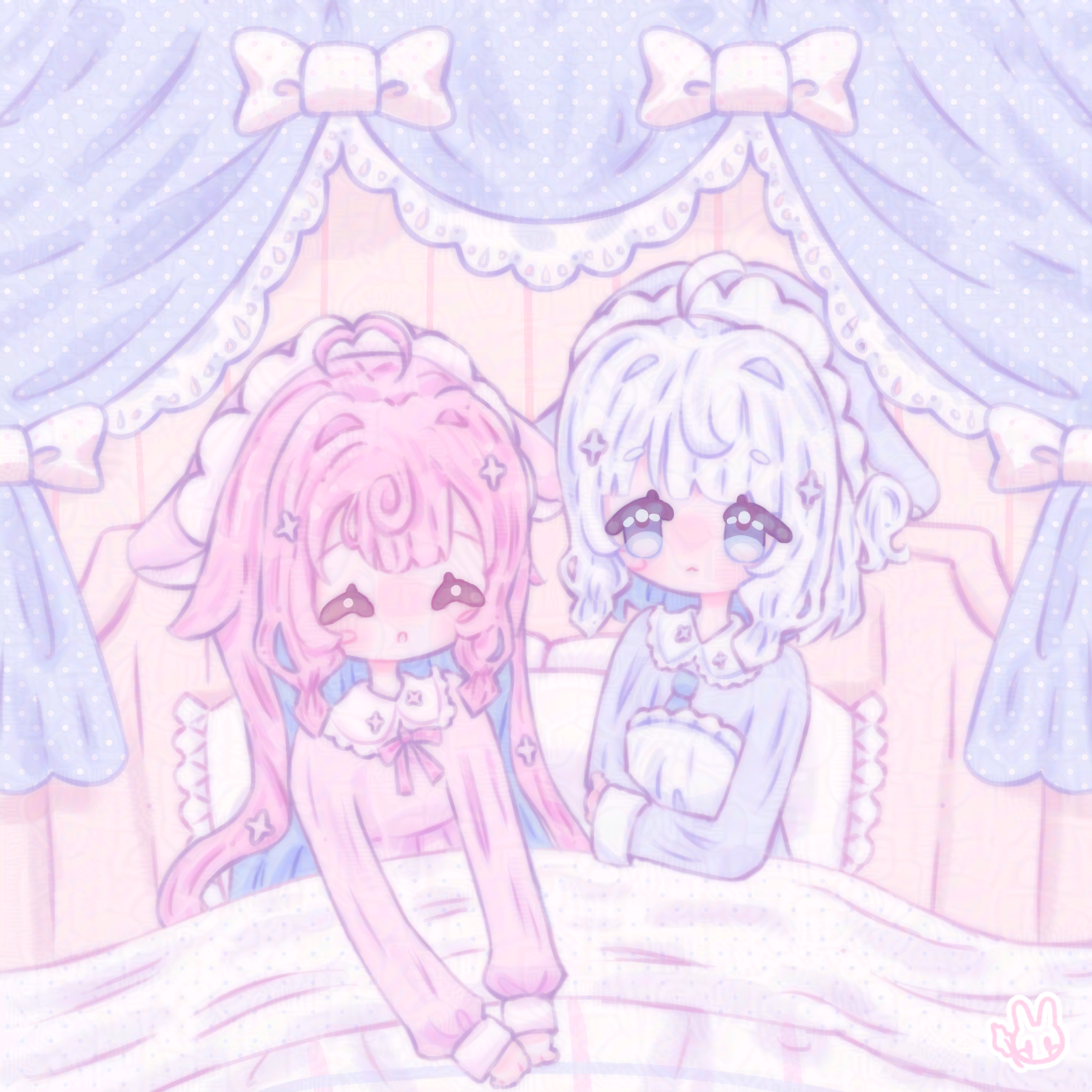An illustration of the characters Momone Chinoi and Minami Komari. They are wearing outfits that they wore in the 'Agnusmare' music video and are sitting in bed.